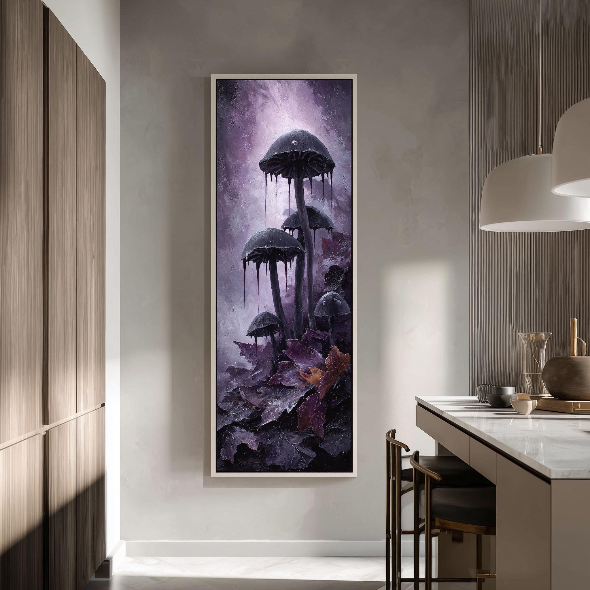a large, framed painting of mushrooms hanging on a wall in a room.