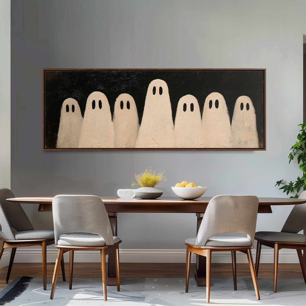 Friendly ghost gang long horizontal canvas print above a dining table