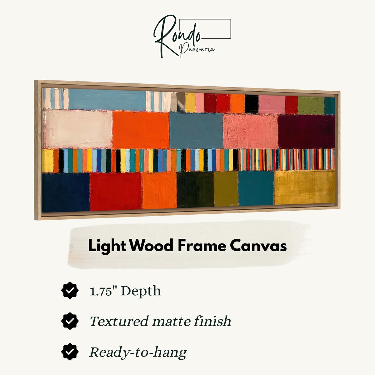 Rainbow patchwork color bands canvas print in a light wood floating frame