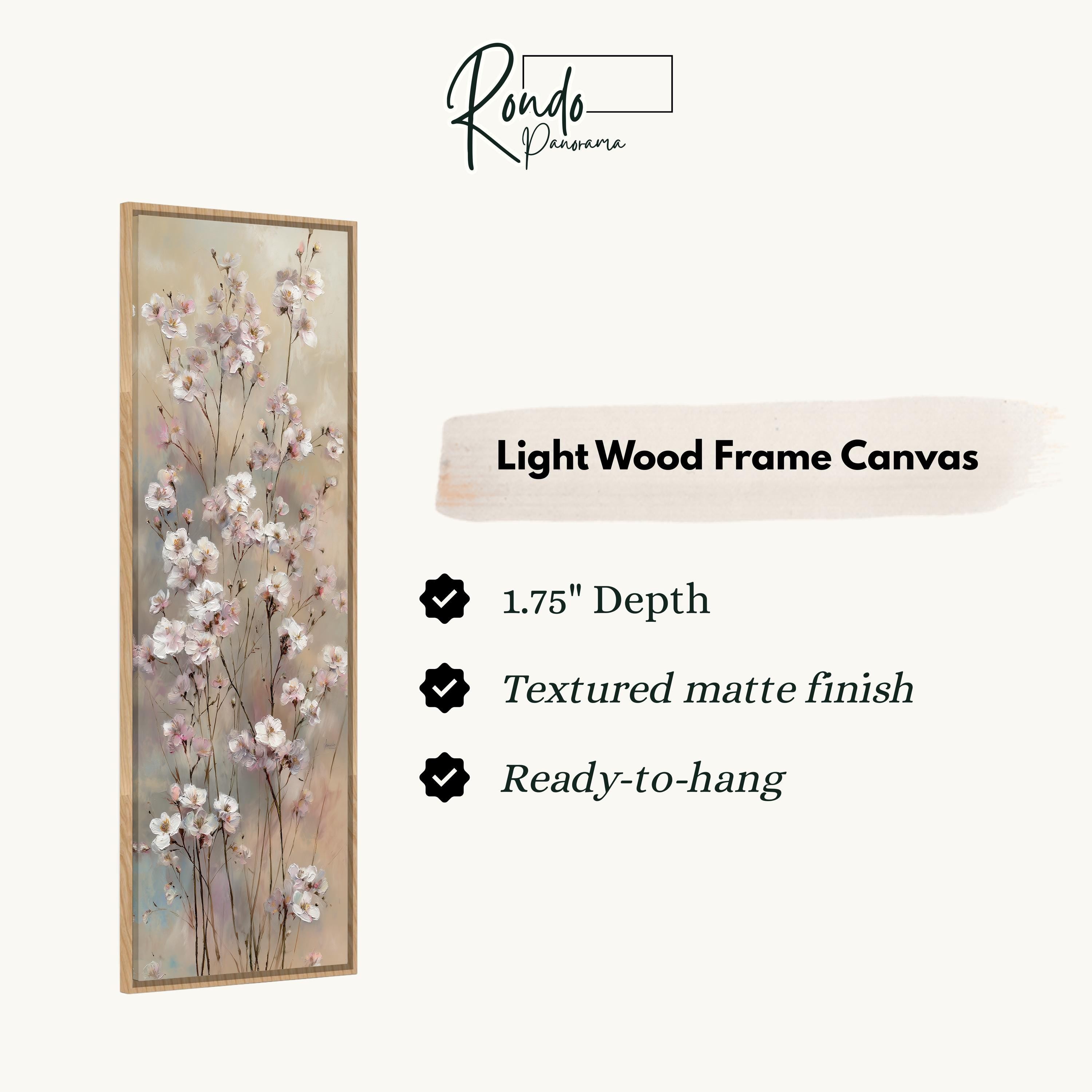 The image is a light wood frame canvas featuring a floral design with white flowers.