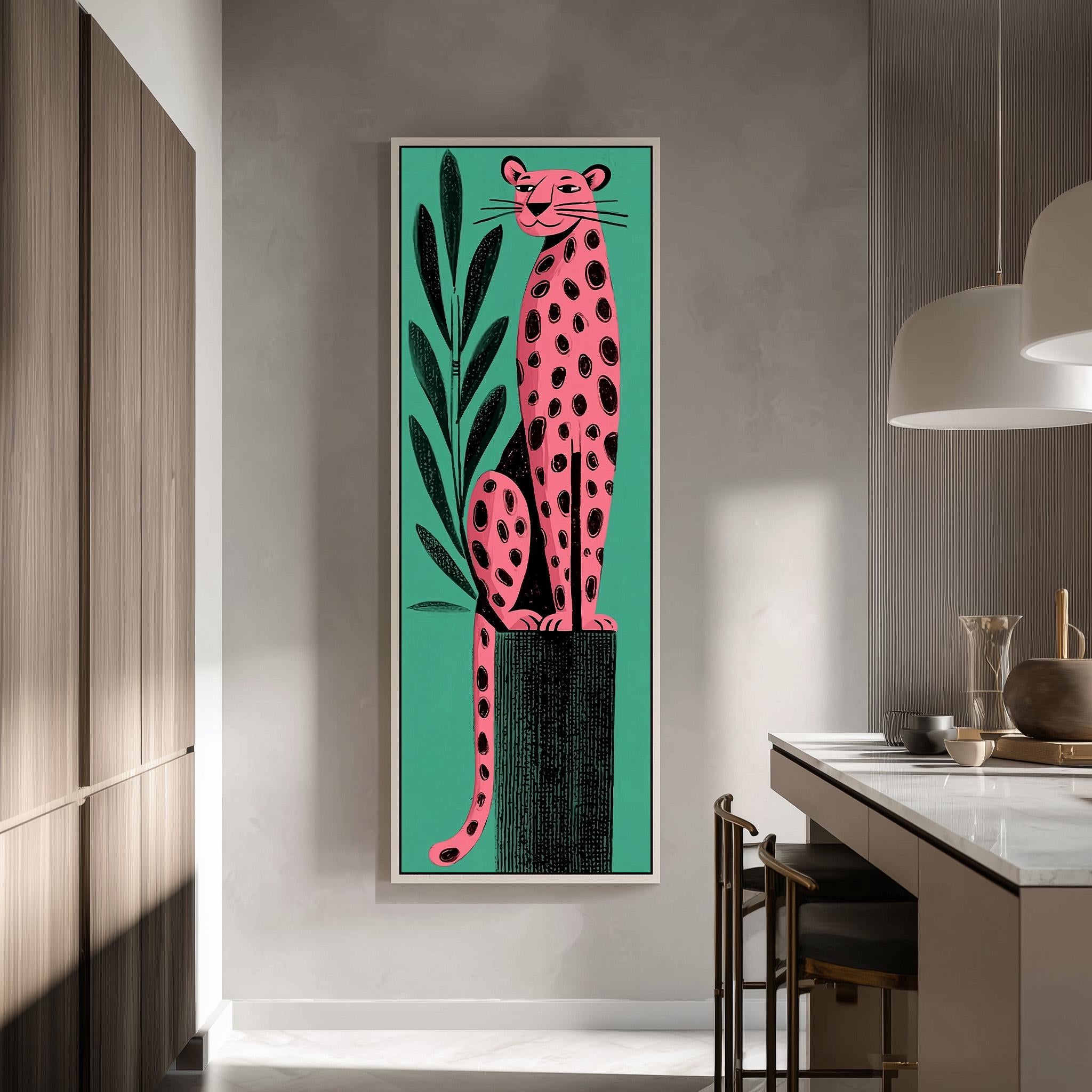 a large, colorful painting of a leopard sitting on a tree stump, which is hanging on a wall in a room with a kitchen counter and chairs in the background.
