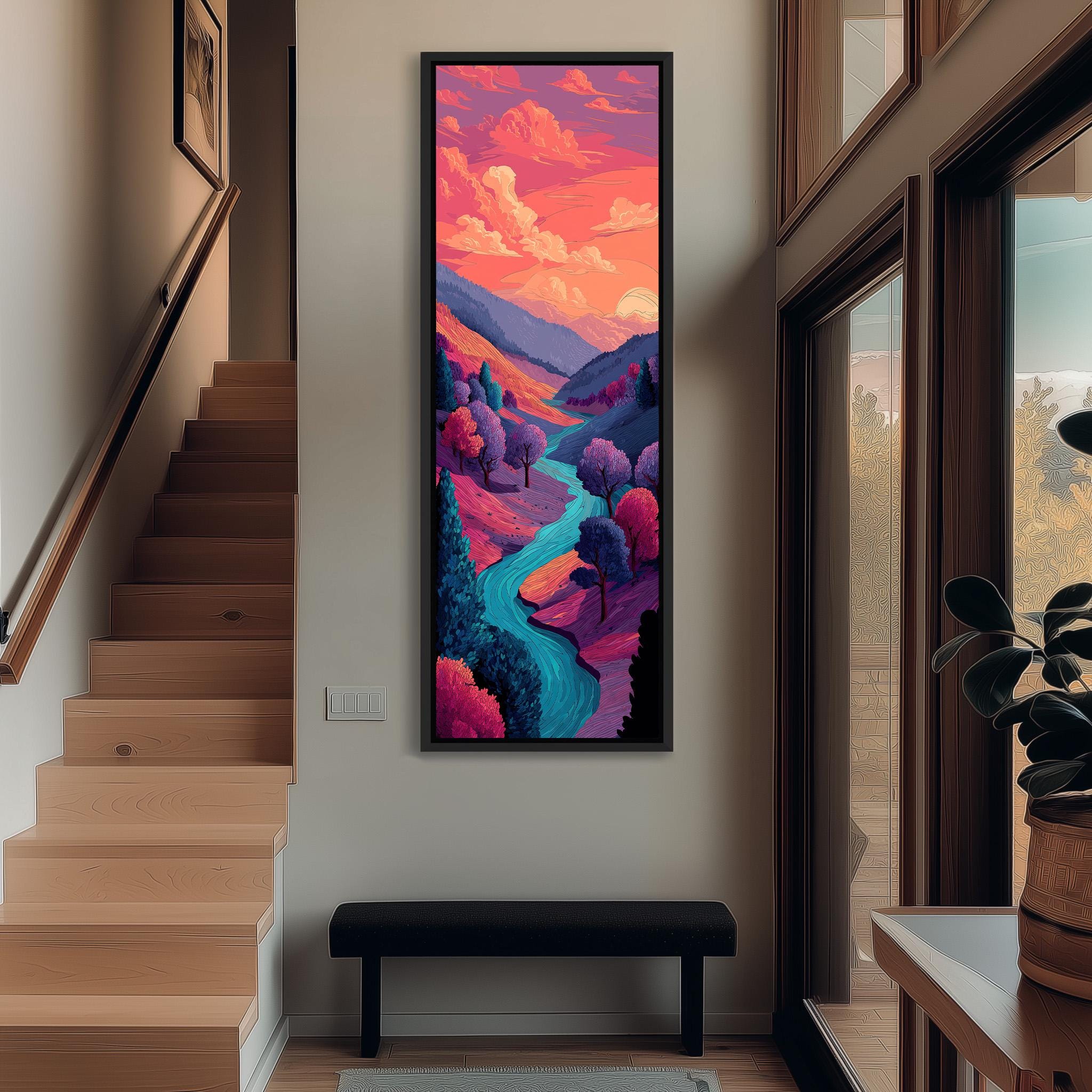 a large, colorful painting of a landscape hanging on the wall of a room with wooden stairs and a bench.