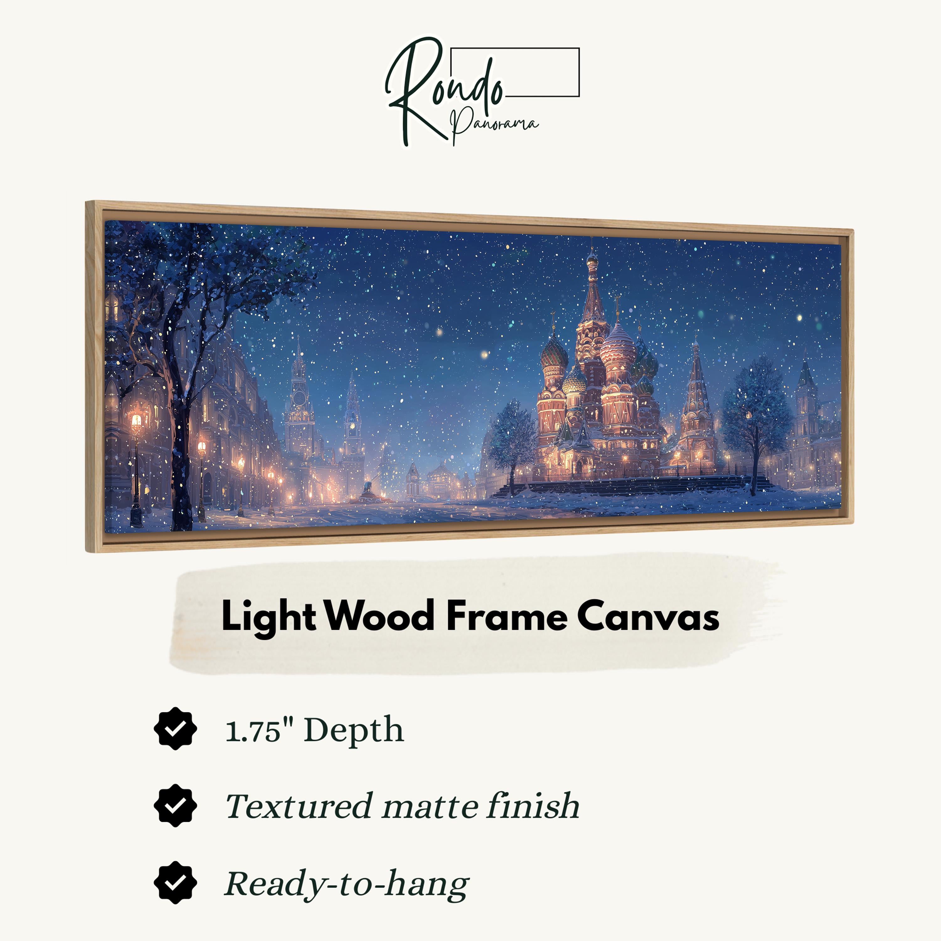 The image is a light wood frame canvas depicting a snowy cityscape at night with a castle in the background.