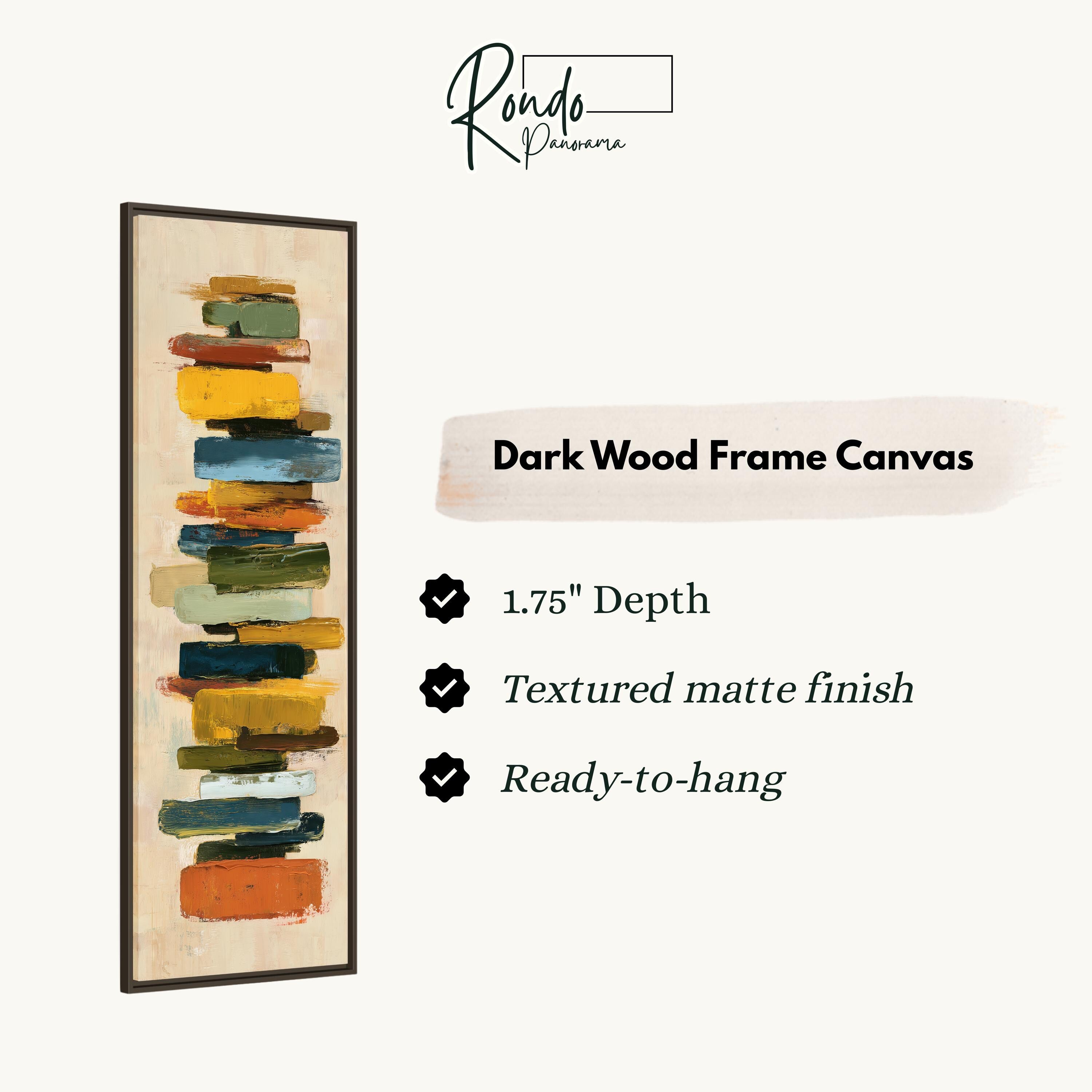 The image is a product advertisement for a dark wood frame canvas. It features a vertical stack of colorful brushstrokes in various shades of green, yellow, orange, and blue. The advertisement highlights the canvas's 1.75" depth, textured matte finish, and ready-to-hang feature.