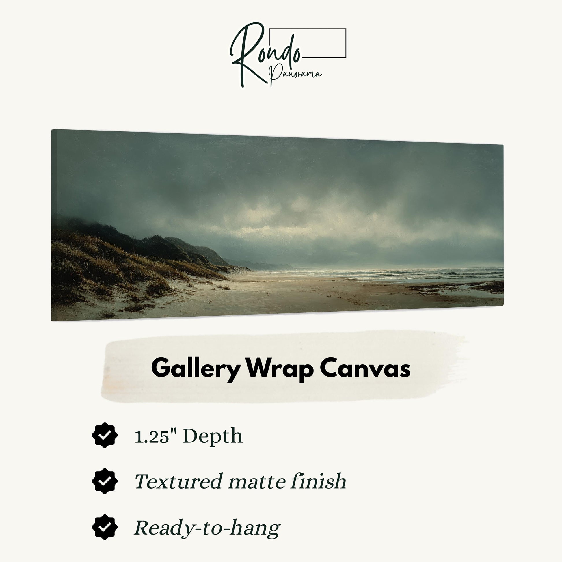 The image is a gallery wrap canvas featuring a serene beach scene with a cloudy sky and a sandy beach.