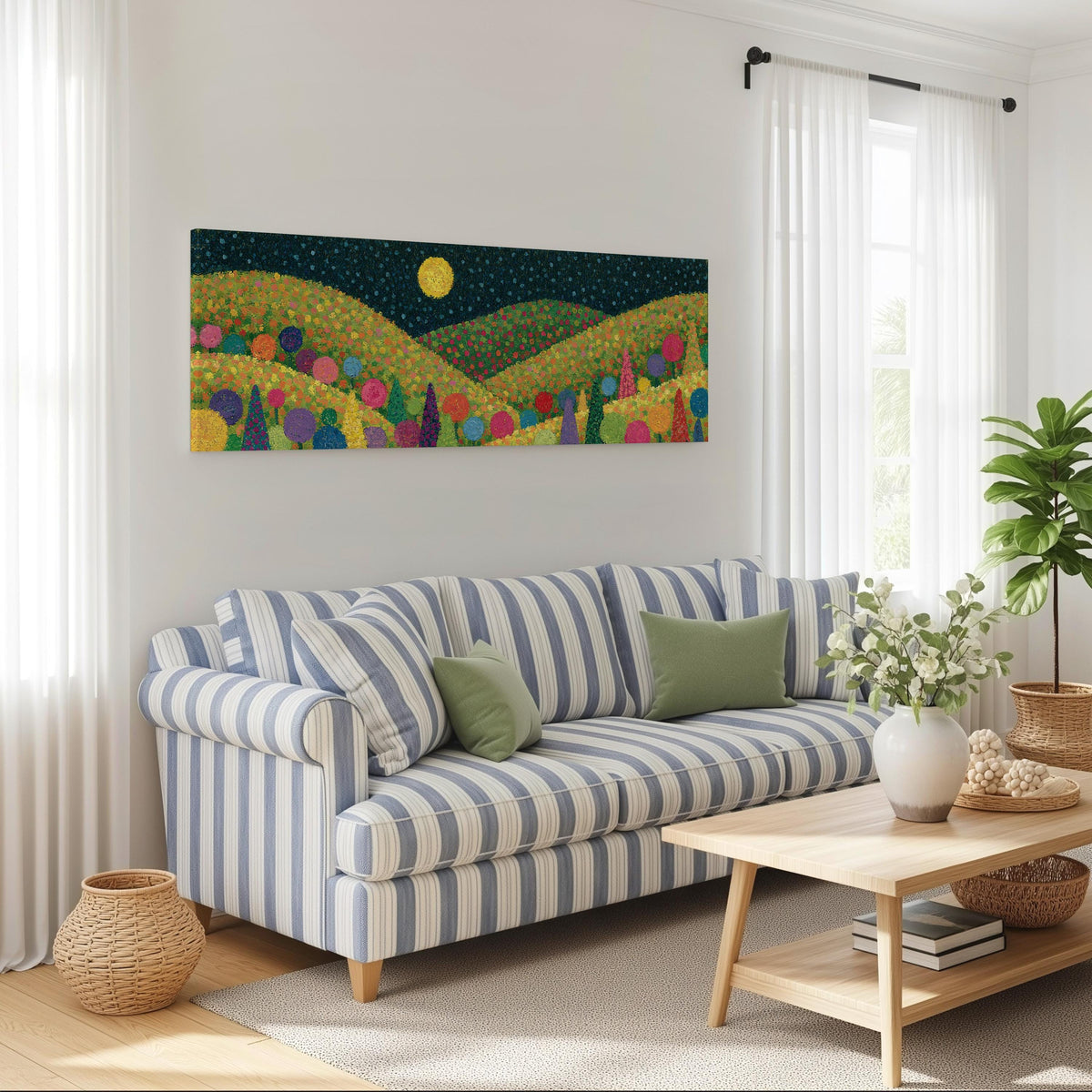 Moonlit pastel flower hills long horizontal canvas print above a striped sofa in a coastal living room
