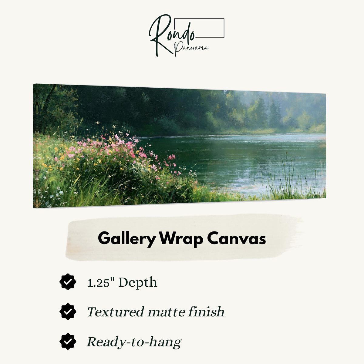 Pink wildflowers on a green lakeshore gallery wrap canvas with the image wrapped around the edges
