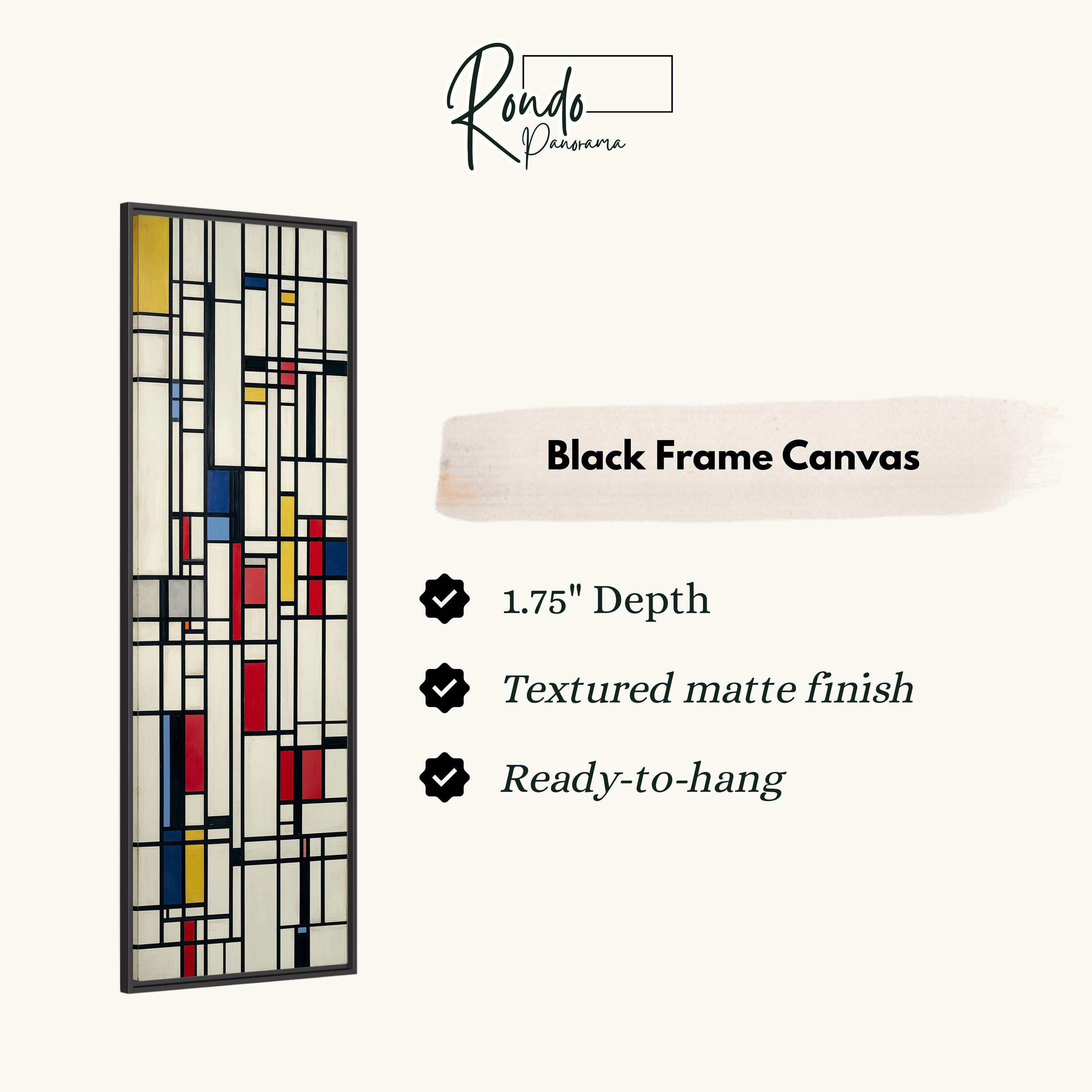 The image is a black frame canvas with a geometric design in bold colors, including red, blue, yellow, and black.