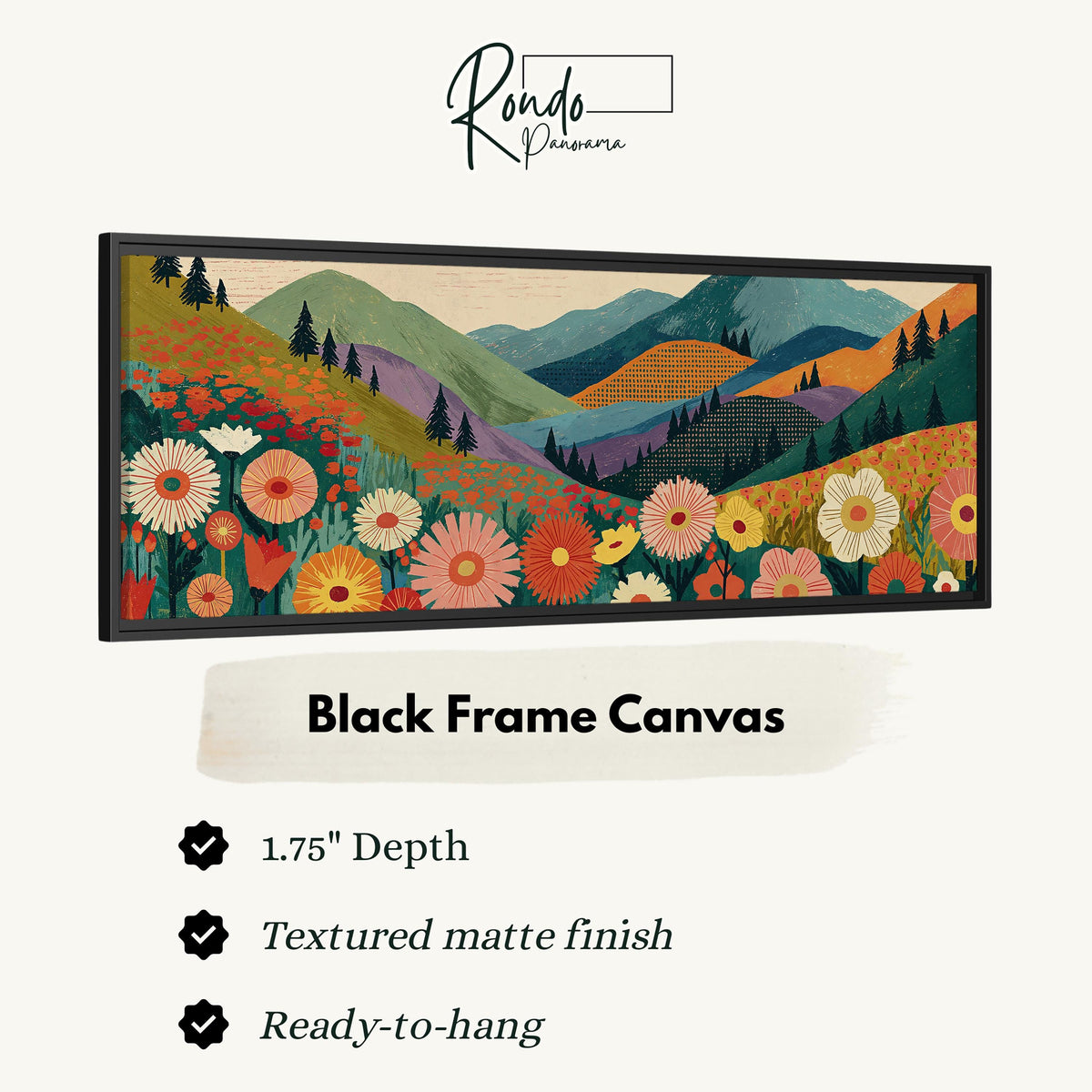 Wildflower valley below patterned mountains canvas print in a black floating frame
