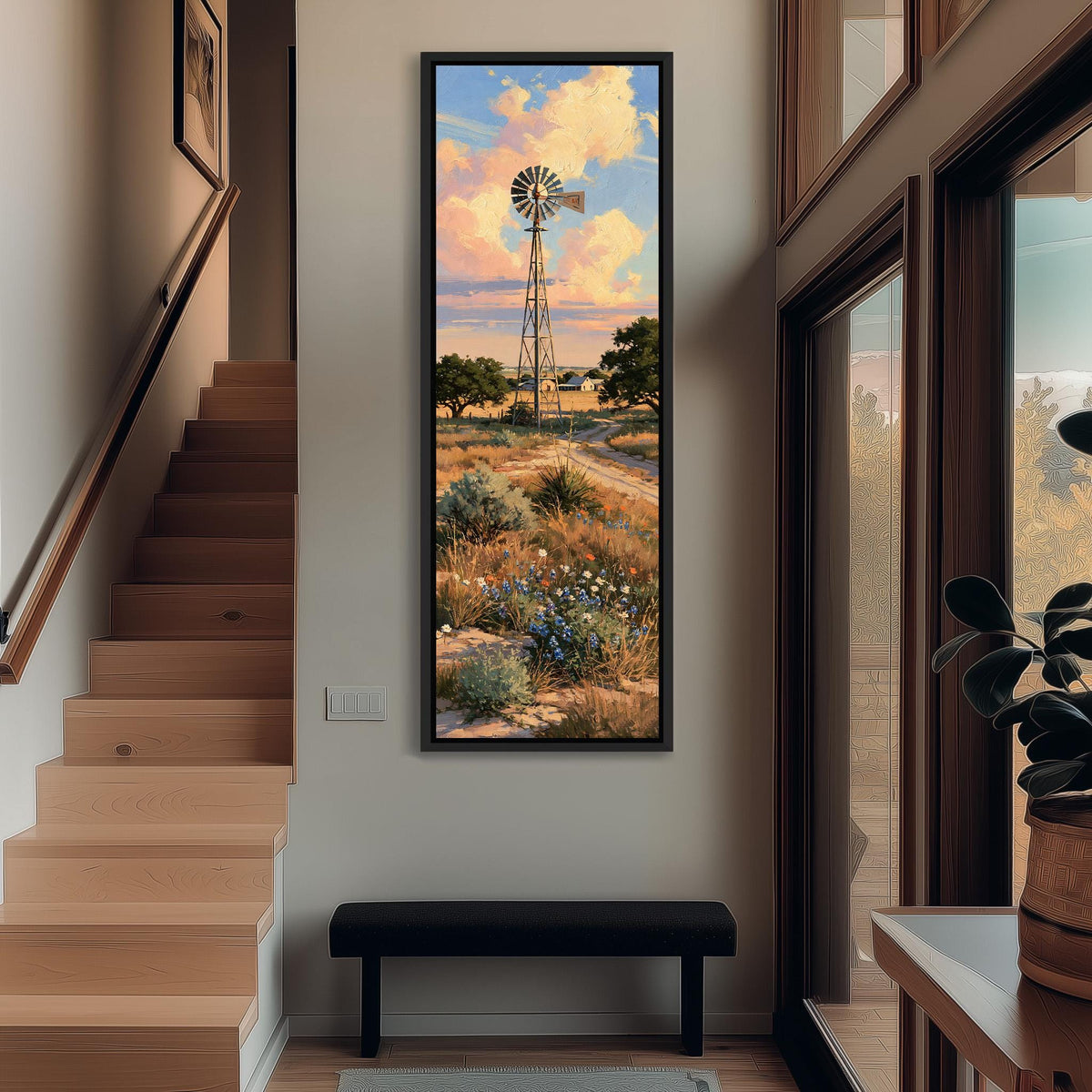 Ranch windmill above bluebonnets at sunset tall narrow canvas print beside a staircase in an entryway