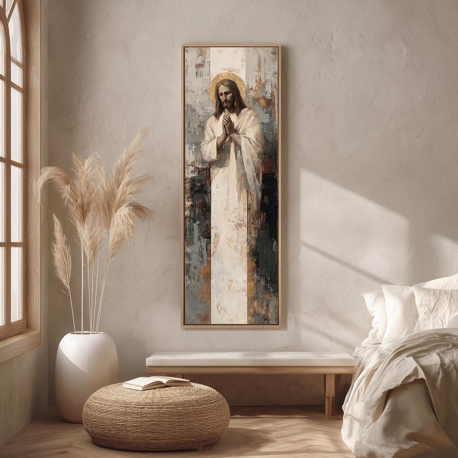 a large painting of Jesus Christ hanging on a wall in a room with a bed, a potted plant, and a woven ottoman.