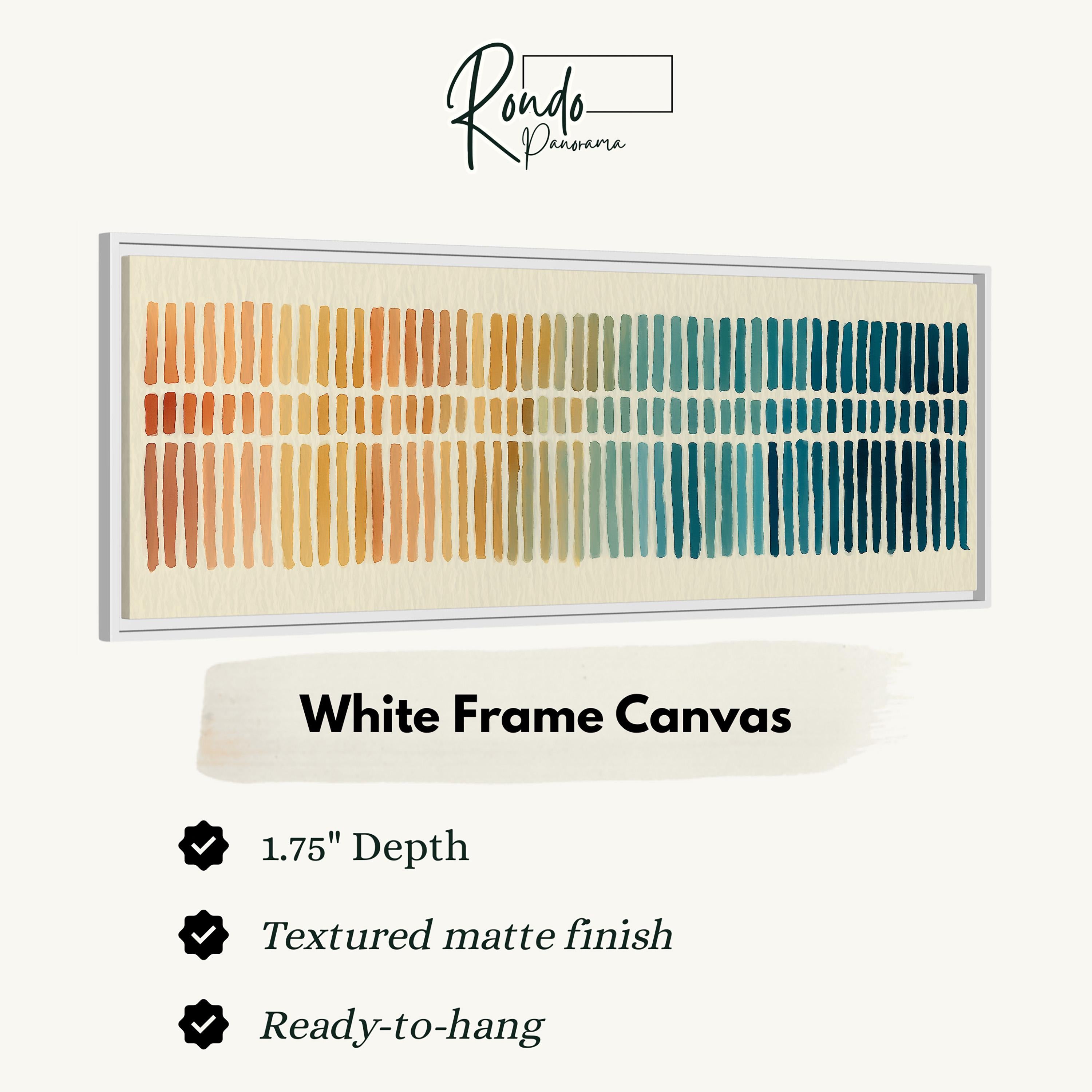 a white frame canvas with a gradient of colors, including orange, yellow, green, blue, and purple. The canvas has a 1.75" depth and is textured with a matte finish. It is ready to hang and is described as a "White Frame Canvas".