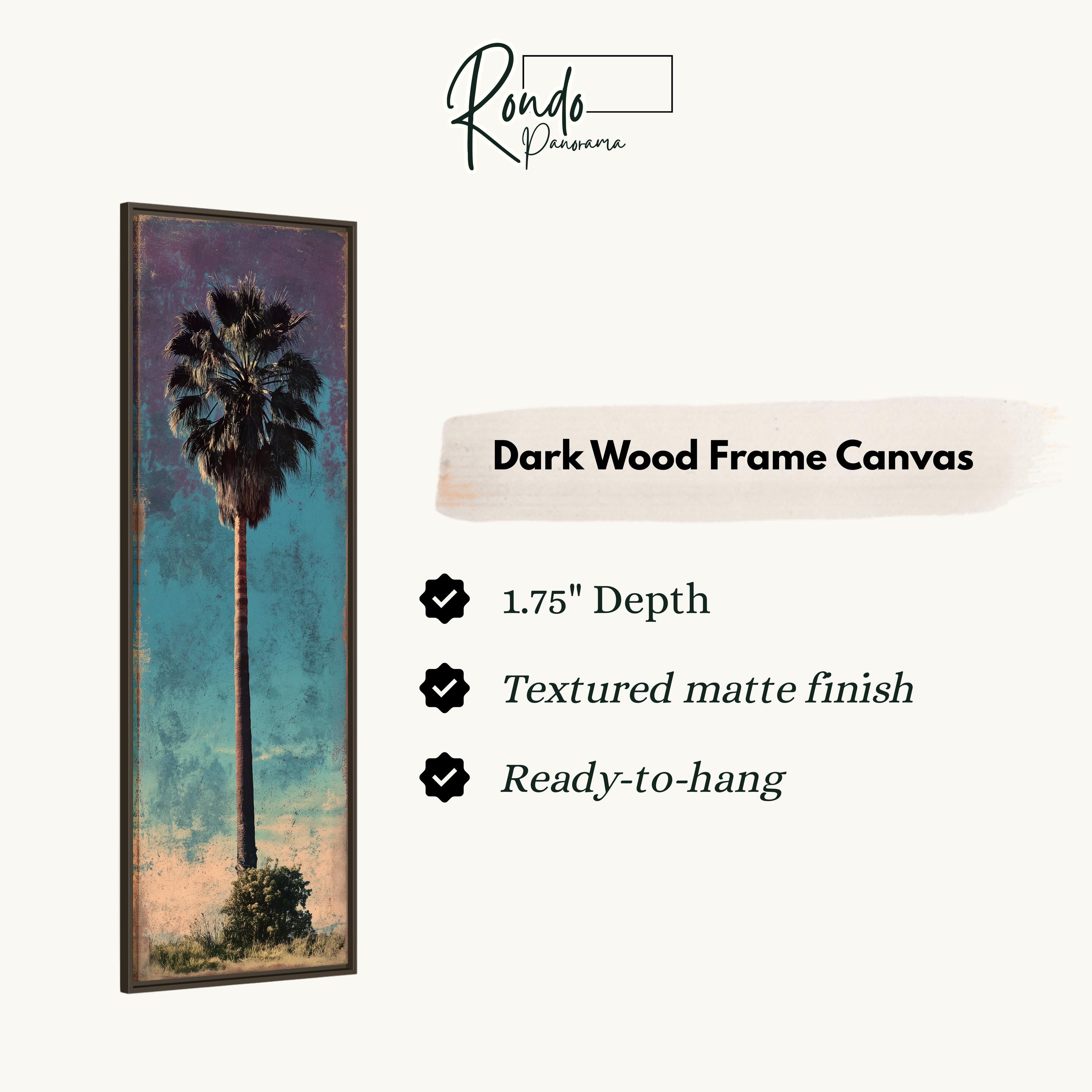 The image is a rectangular dark wood frame canvas depicting a palm tree.