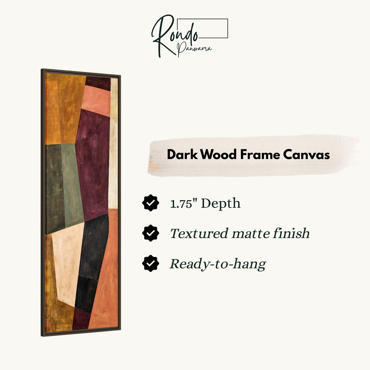 Angular blocks in mustard, maroon and blush canvas print in a dark wood floating frame