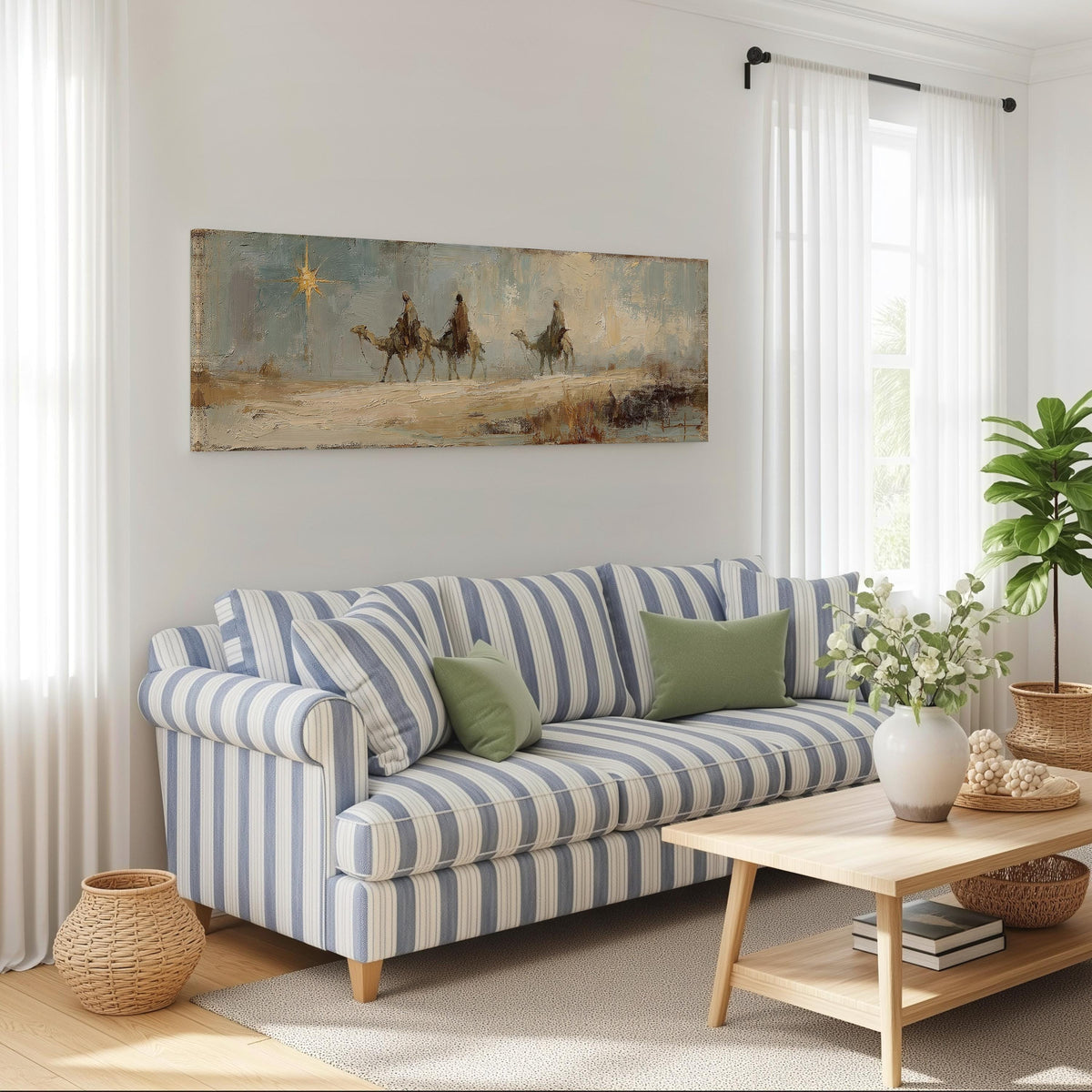 Wise men on camels following the star long horizontal canvas print above a striped sofa in a coastal living room