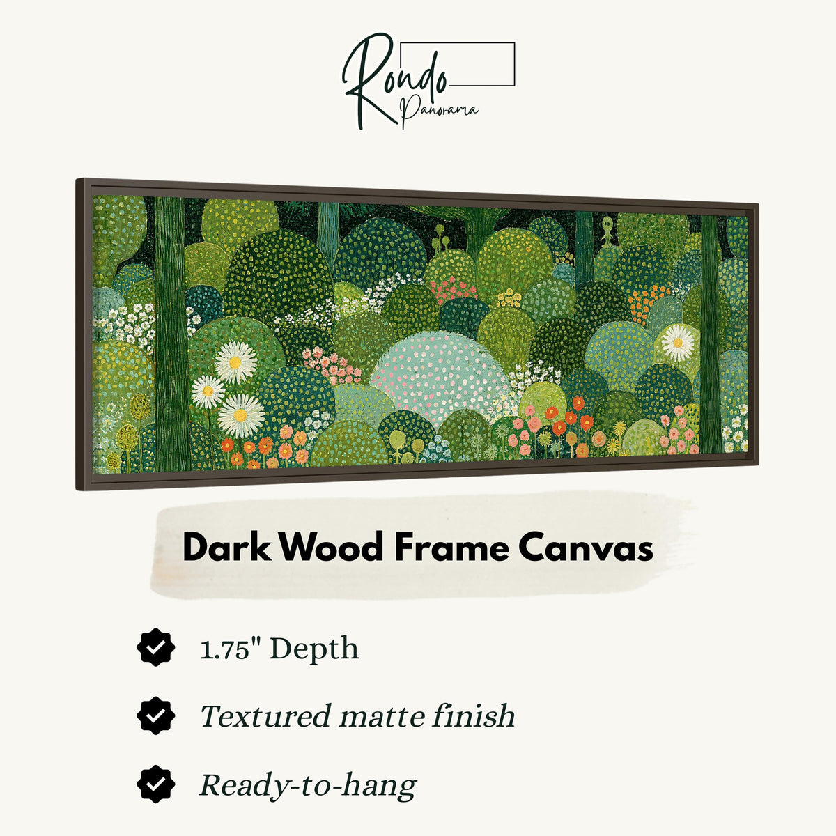 Whimsical dotted topiary garden canvas print in a dark wood floating frame