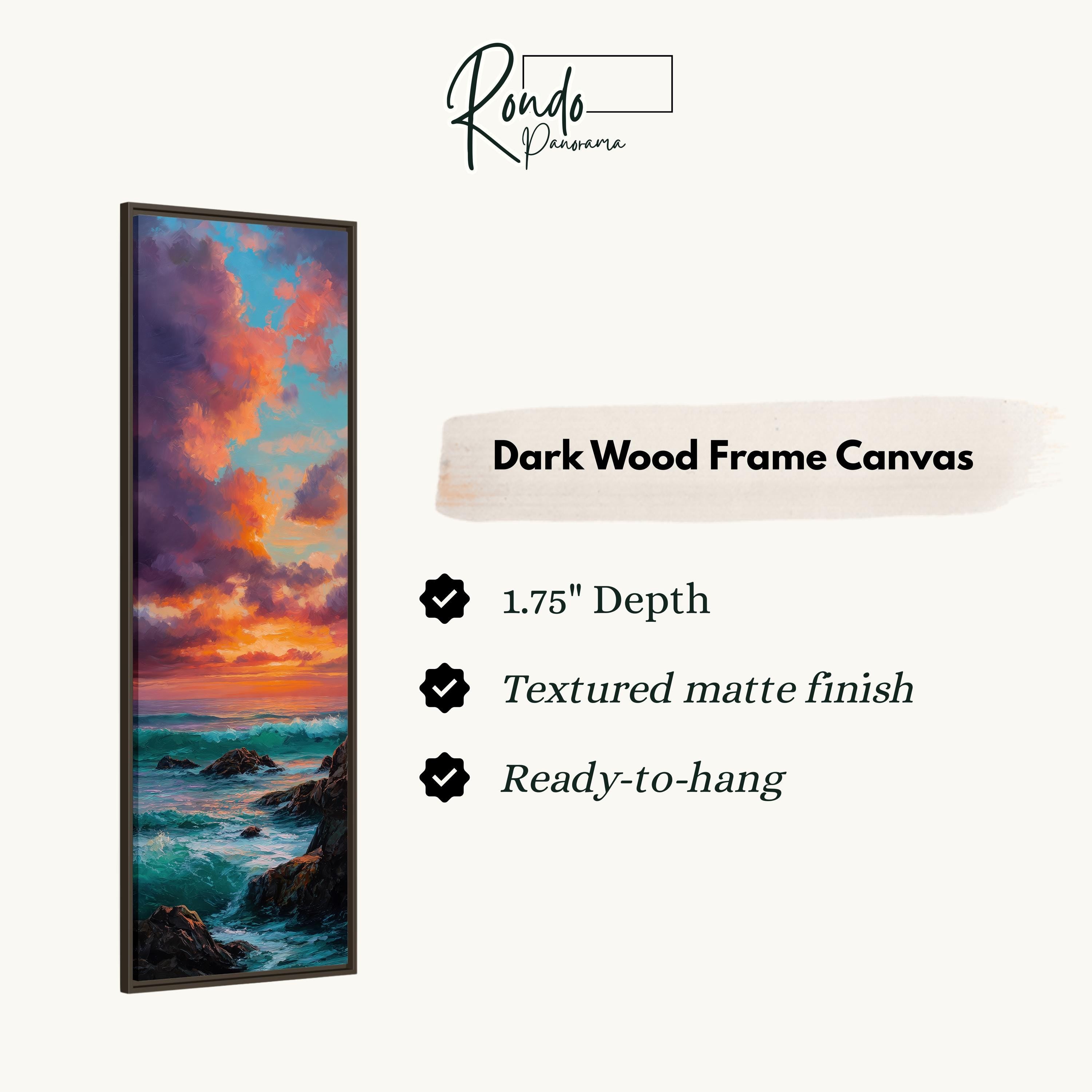 The image is a rectangular dark wood frame canvas depicting a sunset over the ocean.