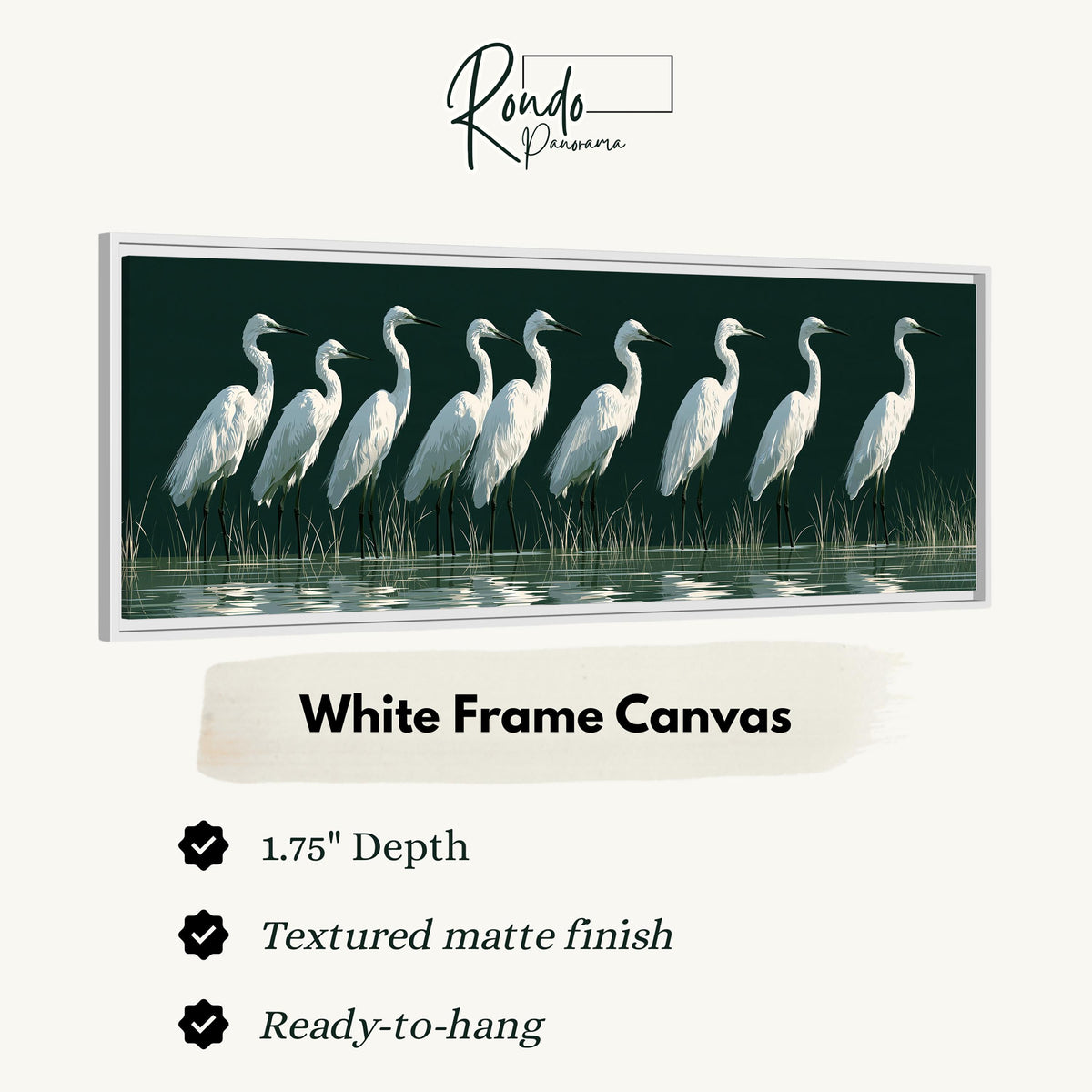 Row of white egrets on deep green canvas print in a white floating frame