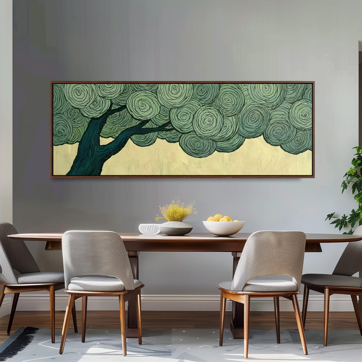 Tree with a swirling green canopy long horizontal canvas print above a dining table