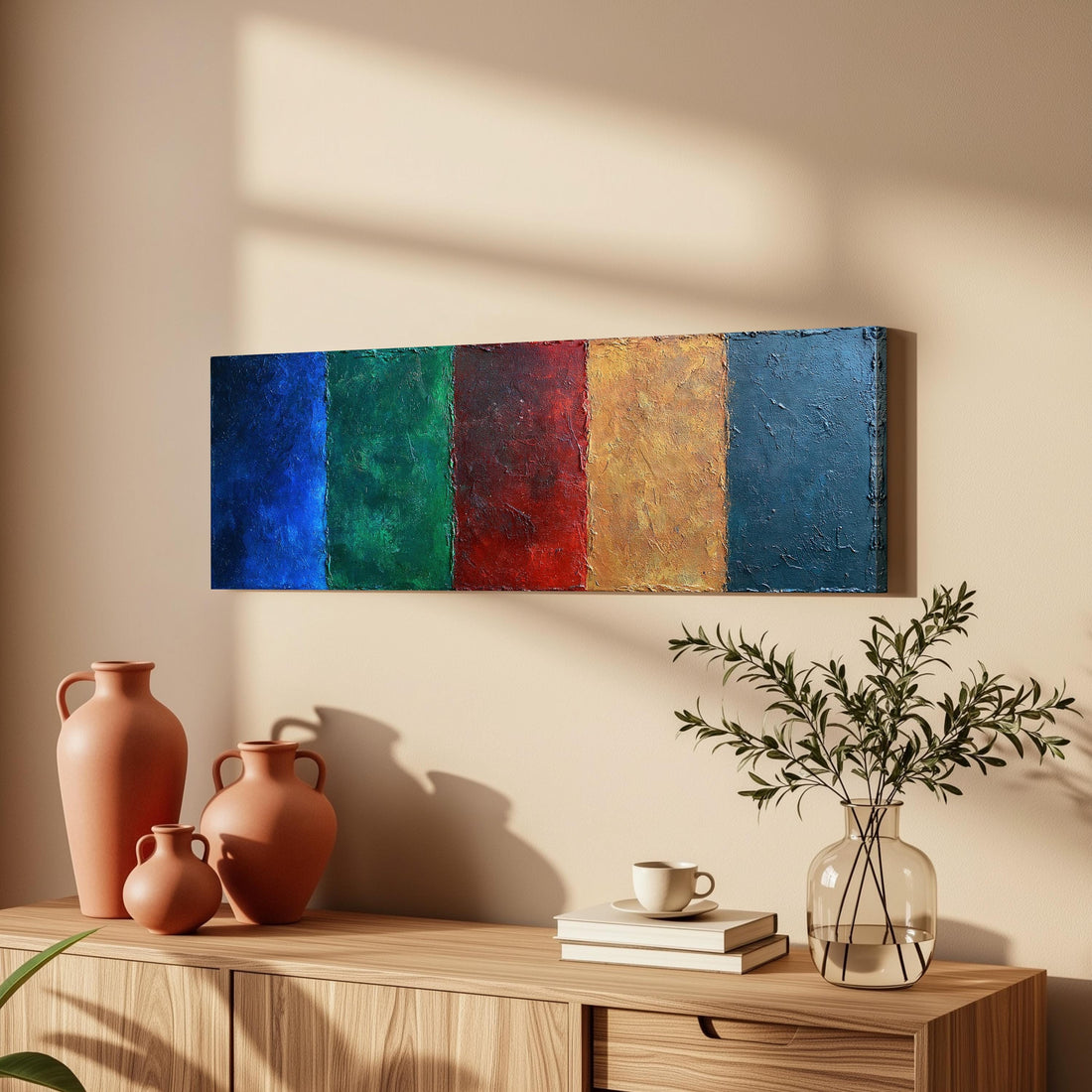 Textured jewel tone vertical bands long horizontal canvas print above a sofa in a living room