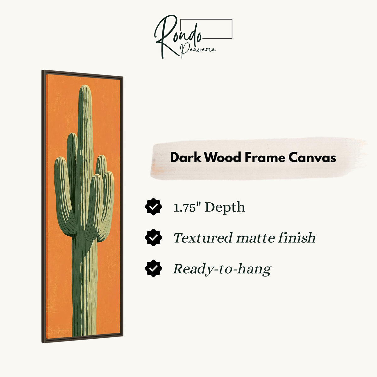 Saguaro cactus on orange canvas print in a dark wood floating frame