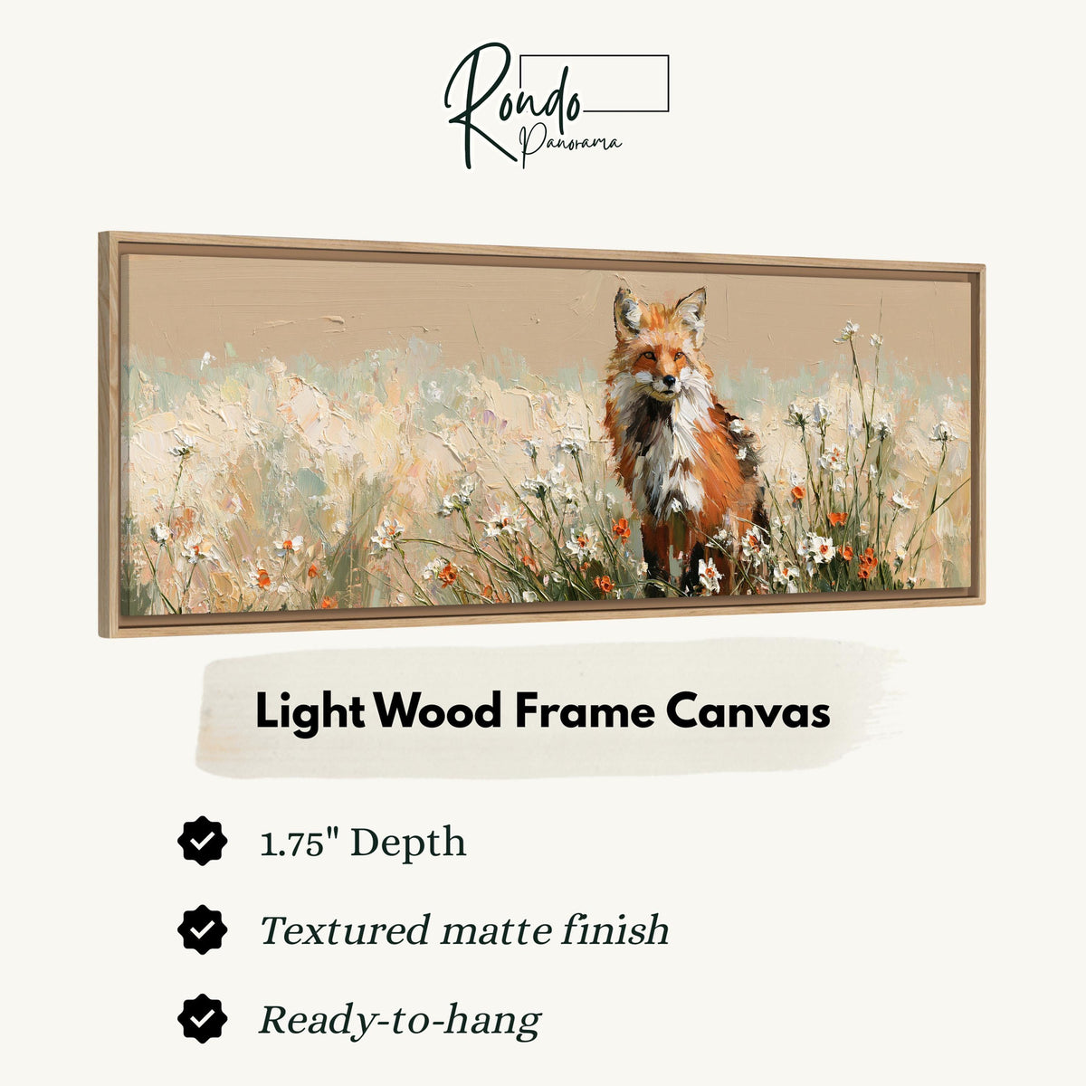 Red fox sitting among white wildflowers canvas print in a light wood floating frame