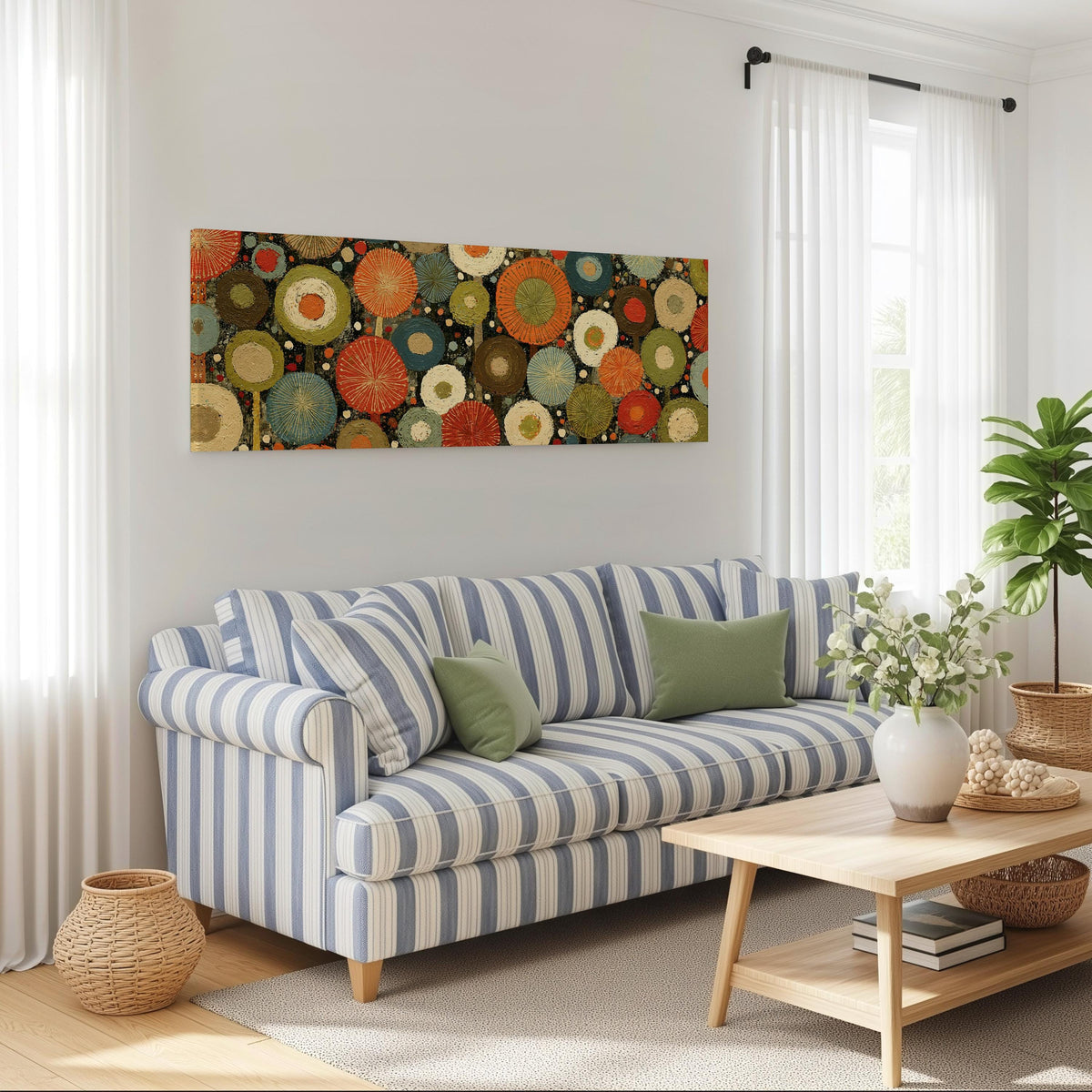 Layered circle dot pattern long horizontal canvas print above a striped sofa in a coastal living room