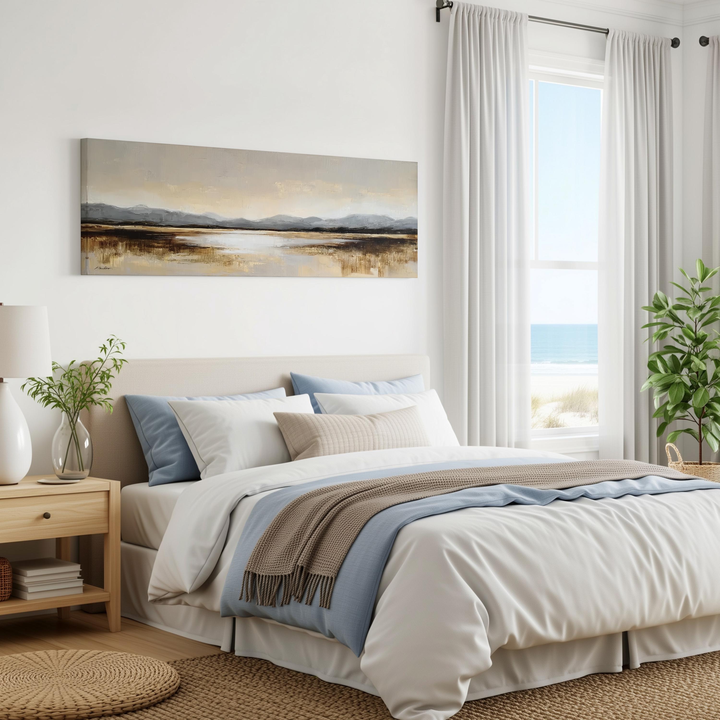 a serene bedroom with a large bed, a painting of a landscape on the wall, and a window overlooking the ocean.