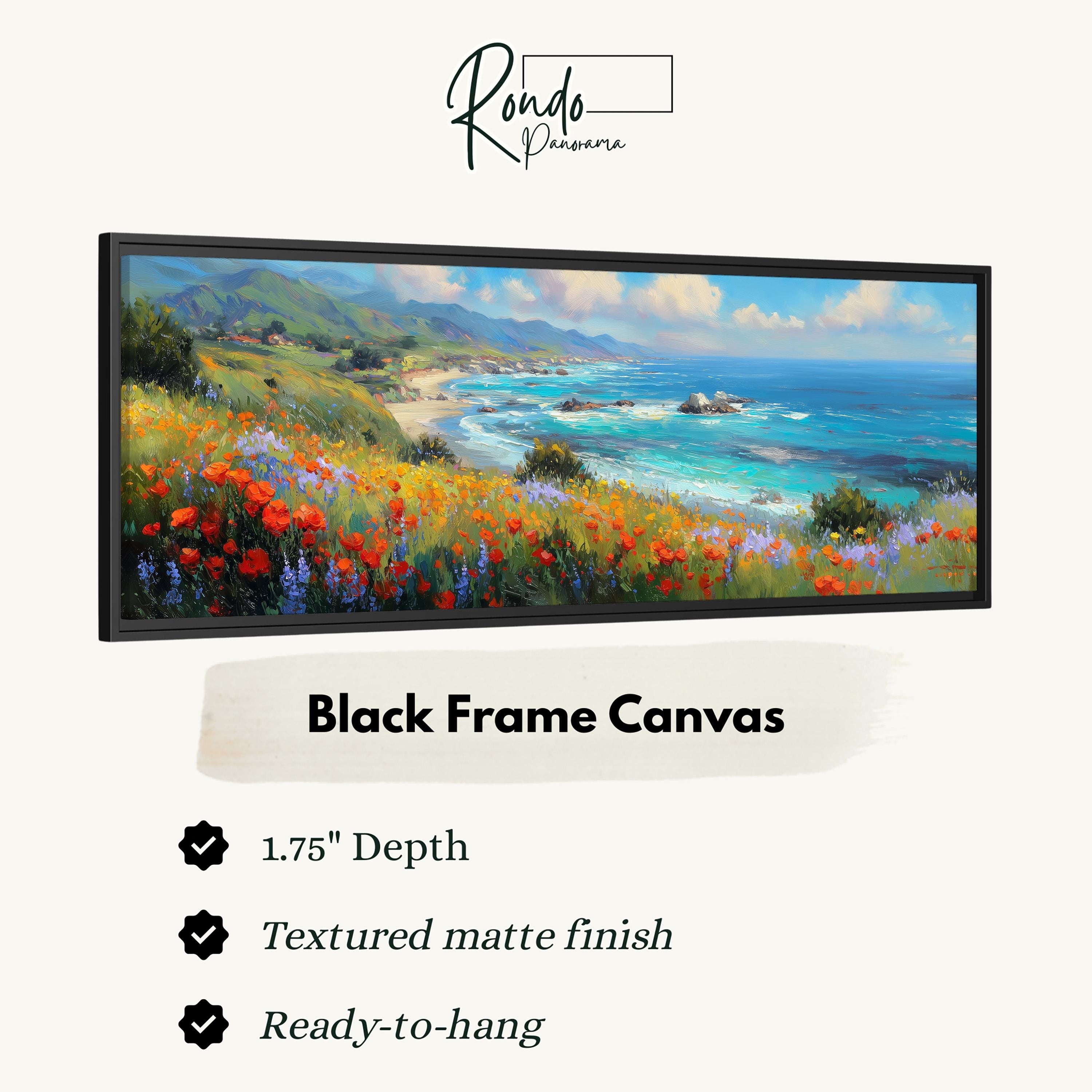 The image is a black frame canvas depicting a scenic landscape with a beach, mountains, and a body of water.