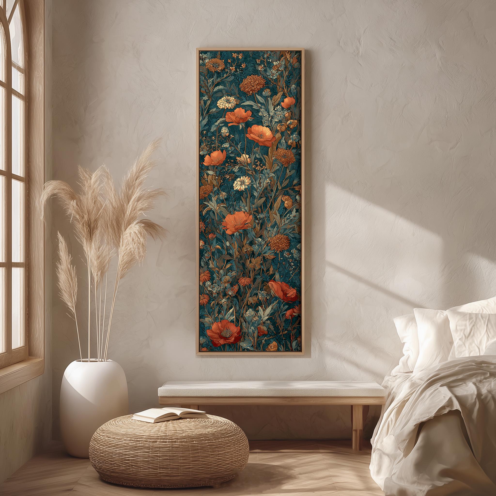 a large floral painting hanging on a wall, with a bed, a white ottoman, and a potted plant in the foreground.