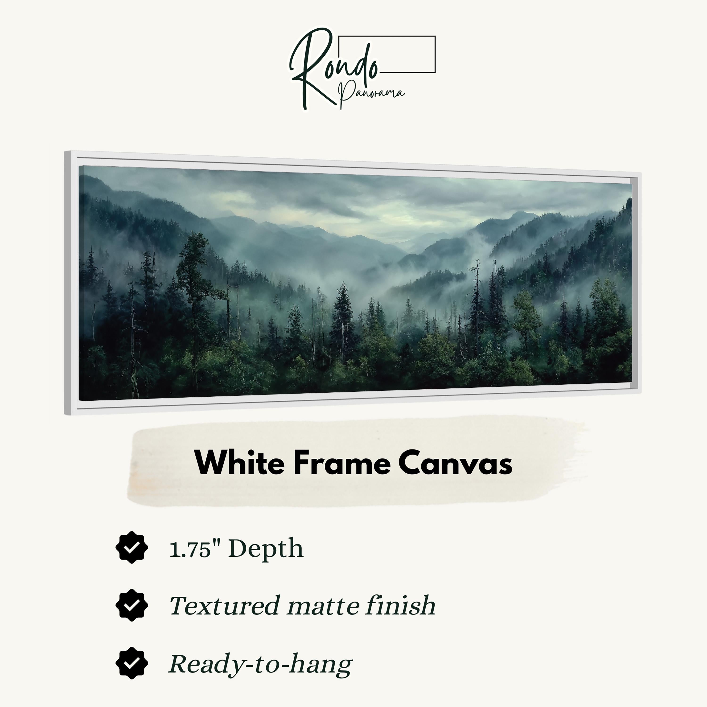 The image is a white frame canvas depicting a forest landscape with misty mountains in the background.