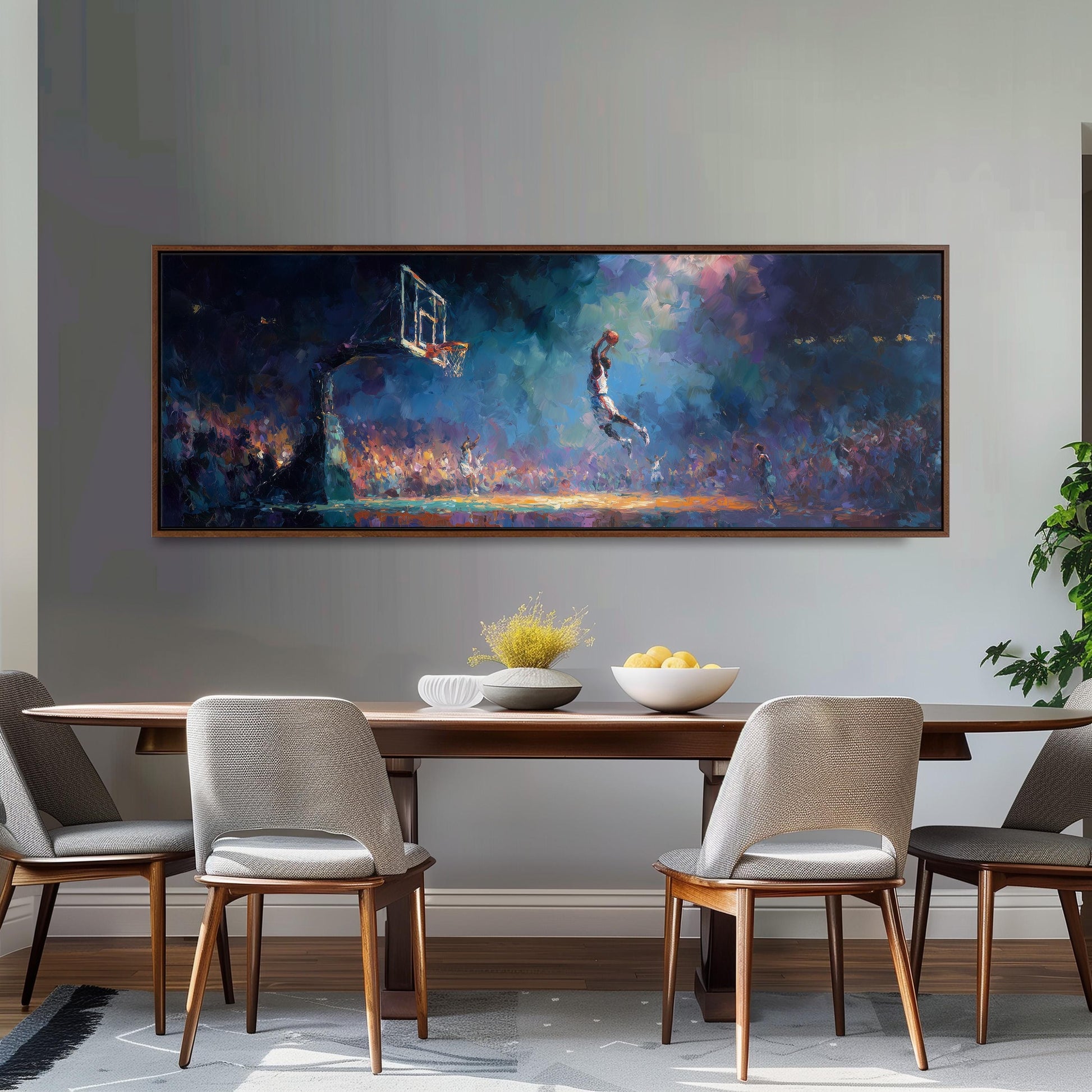a large painting of a basketball player jumping in mid-air, surrounded by a crowd of spectators, displayed on a wall above a wooden dining table with four chairs.