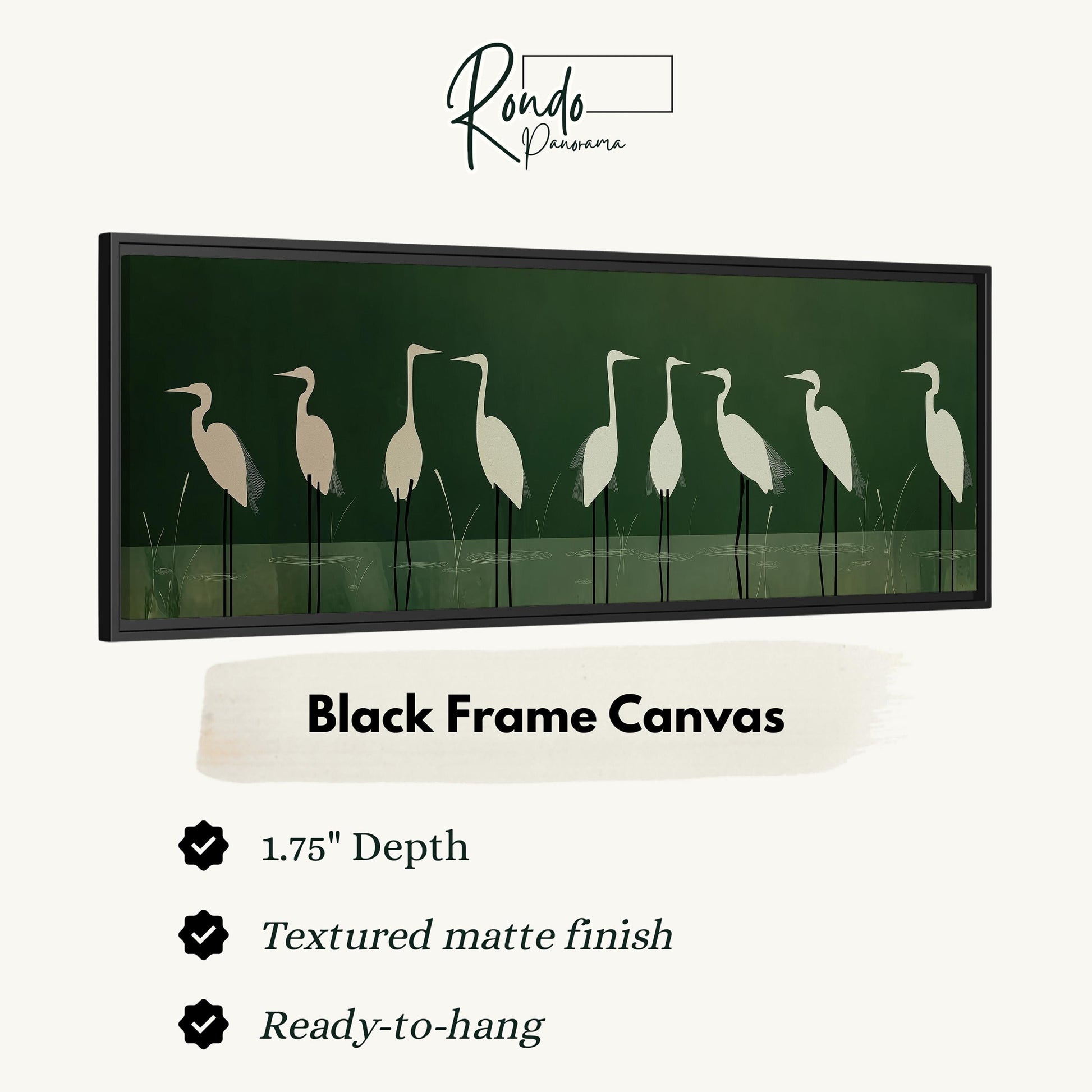 a black frame canvas with a line of white birds standing in the grass.