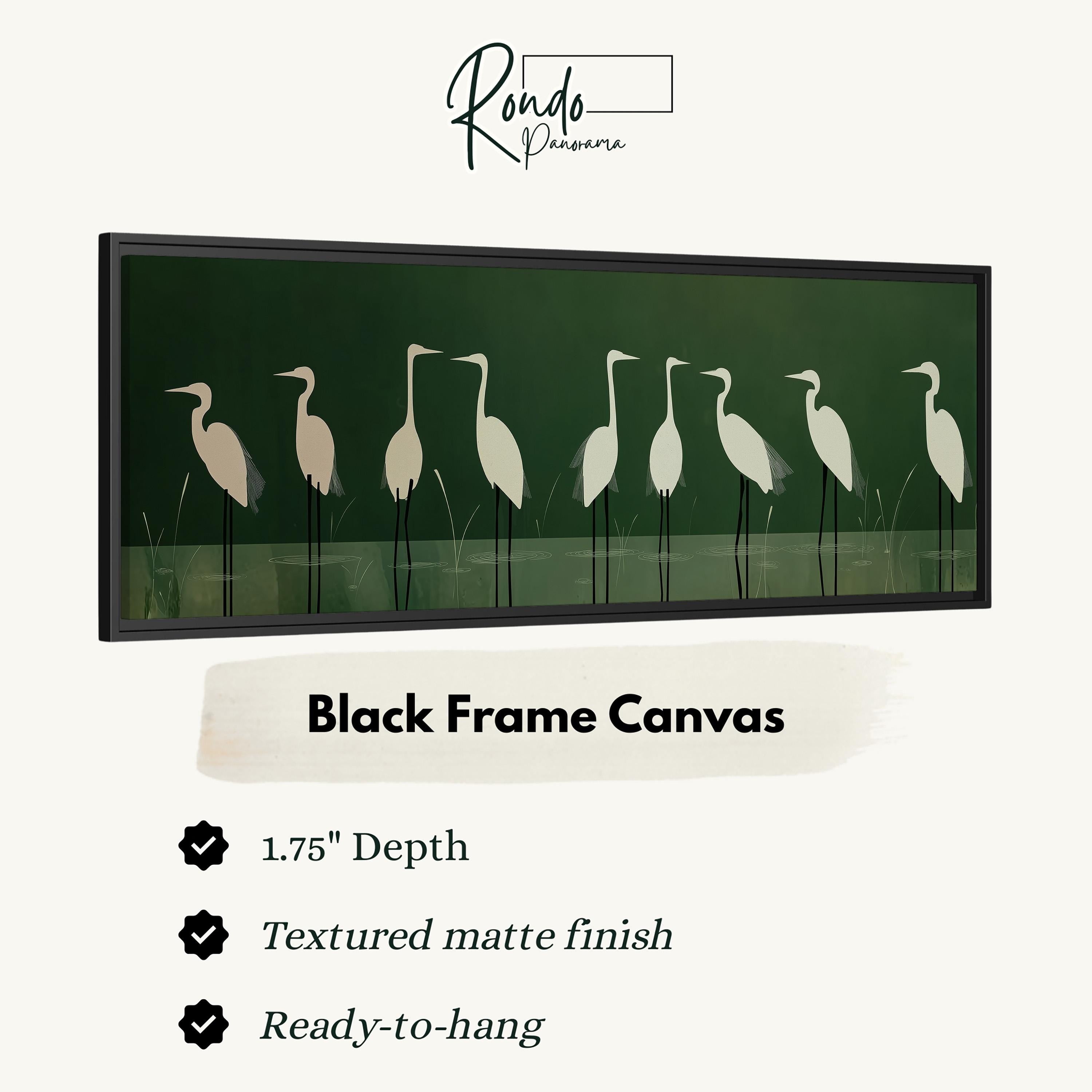 a black frame canvas with a line of white birds standing in the grass.