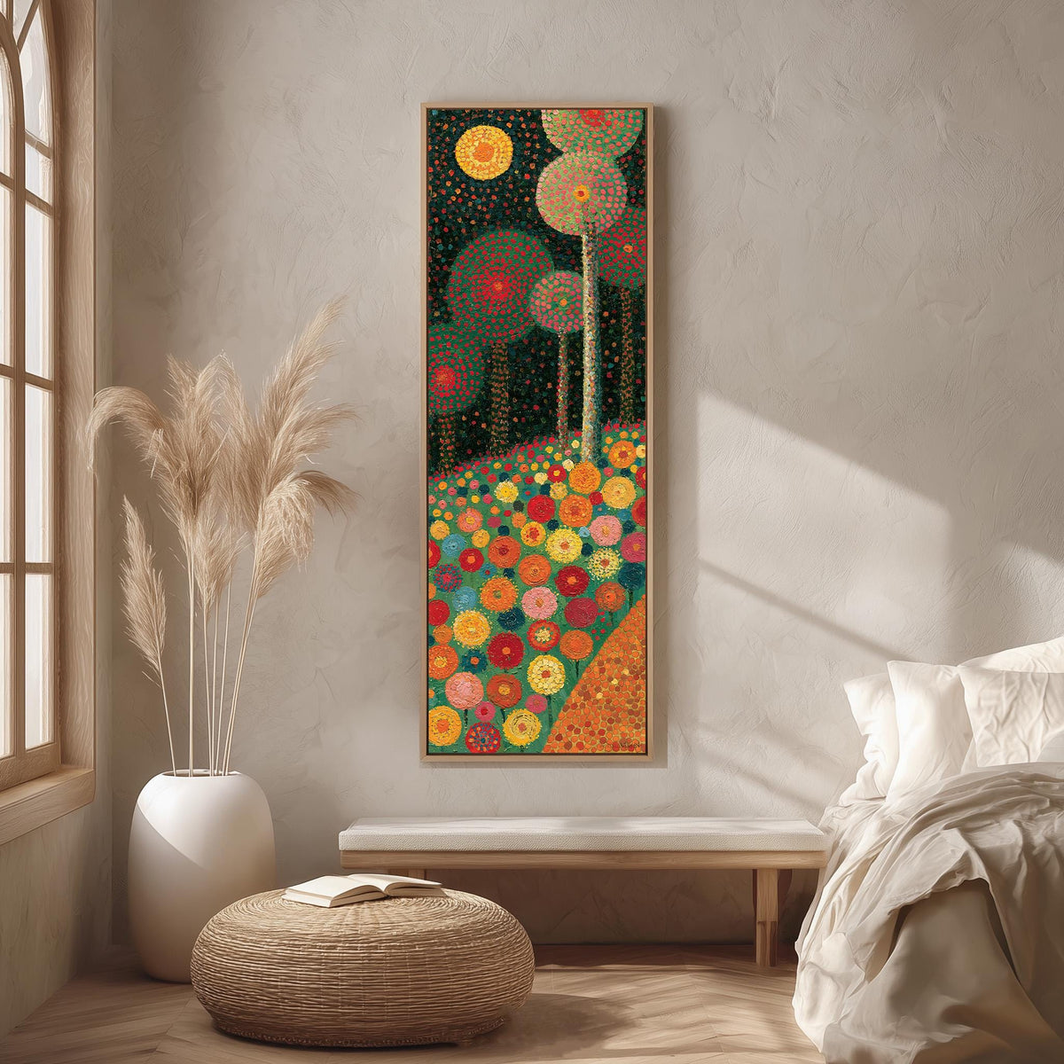 Moody dotted flower garden long vertical canvas print in a bright reading corner