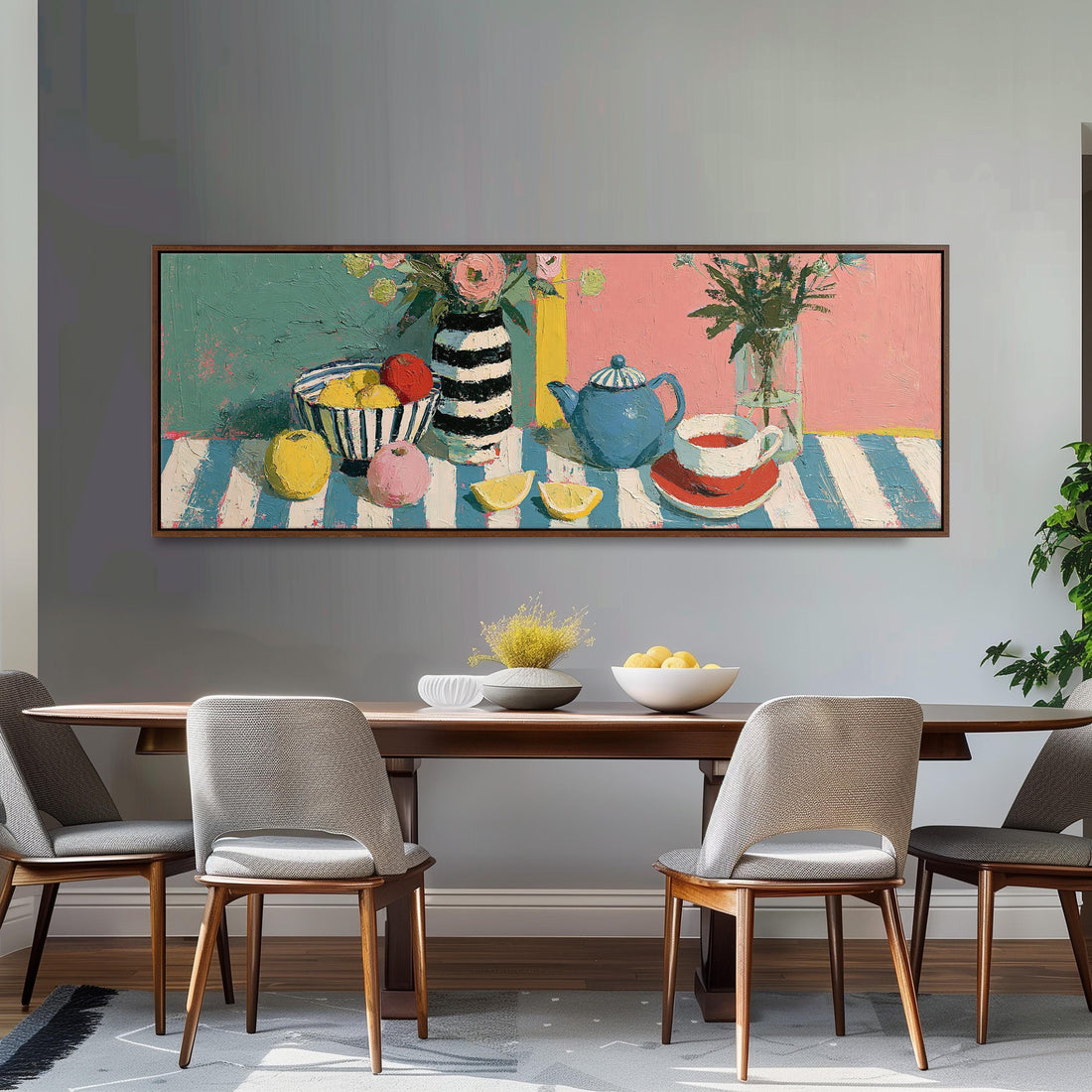 Colorful kitchen still life long horizontal canvas print above a sofa in a living room