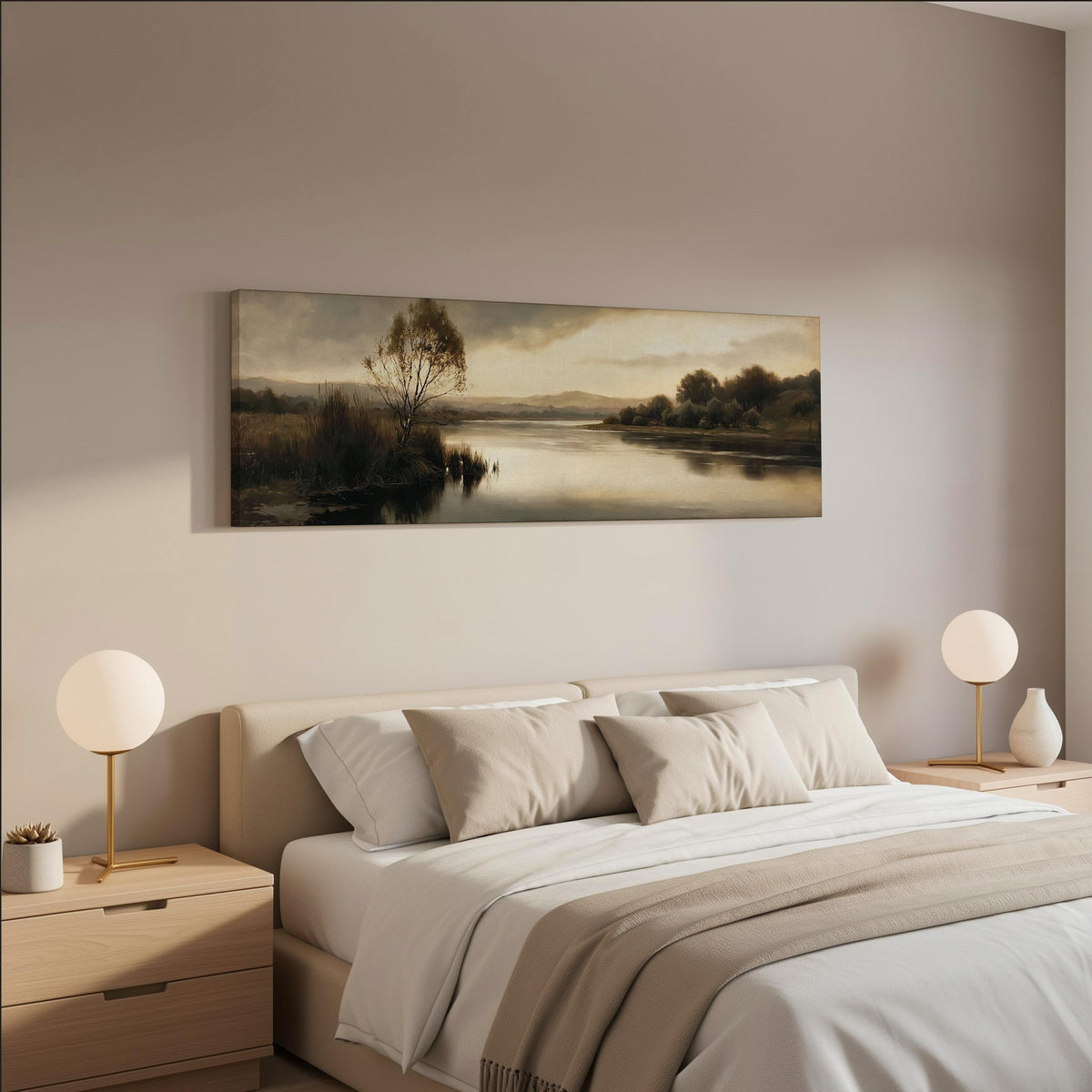 Misty river reflection at dusk wide panoramic canvas print above a bed in a neutral bedroom