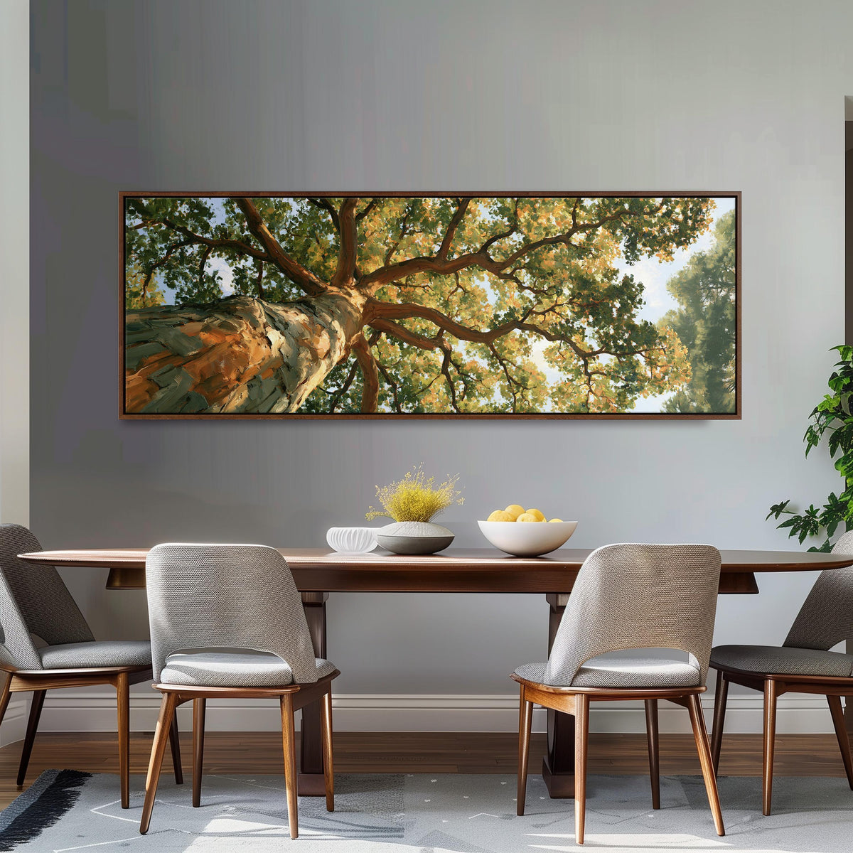 Autumn oak canopy seen from below long horizontal canvas print above a dining table