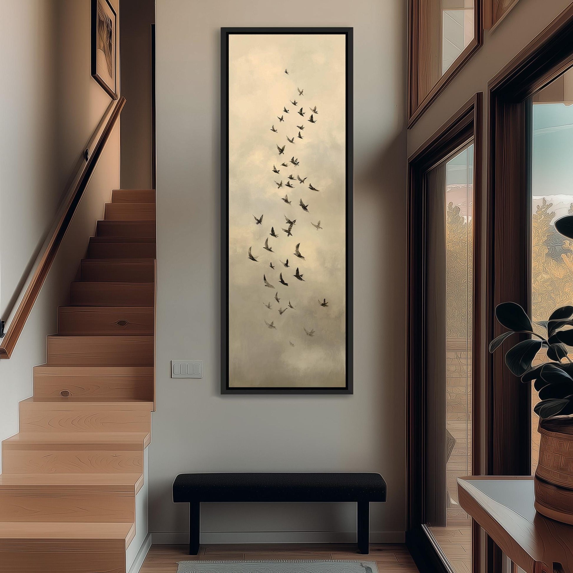 a hallway with a large painting of birds in flight hanging on the wall. The painting is framed and appears to be the focal point of the space.