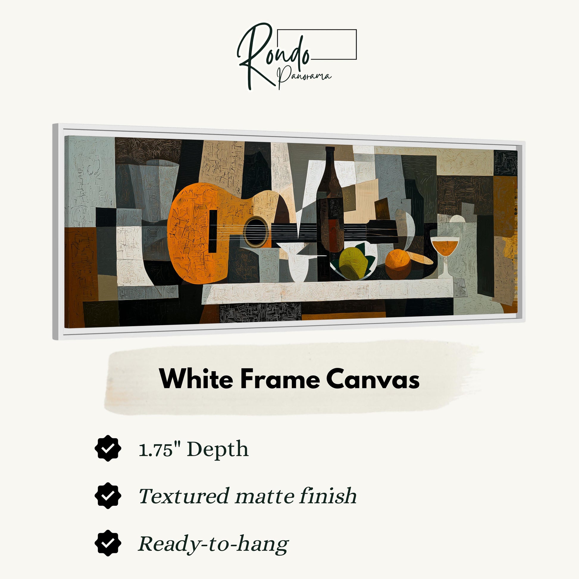 The image is a framed artwork depicting a guitar, wine glass, and fruit on a table.
