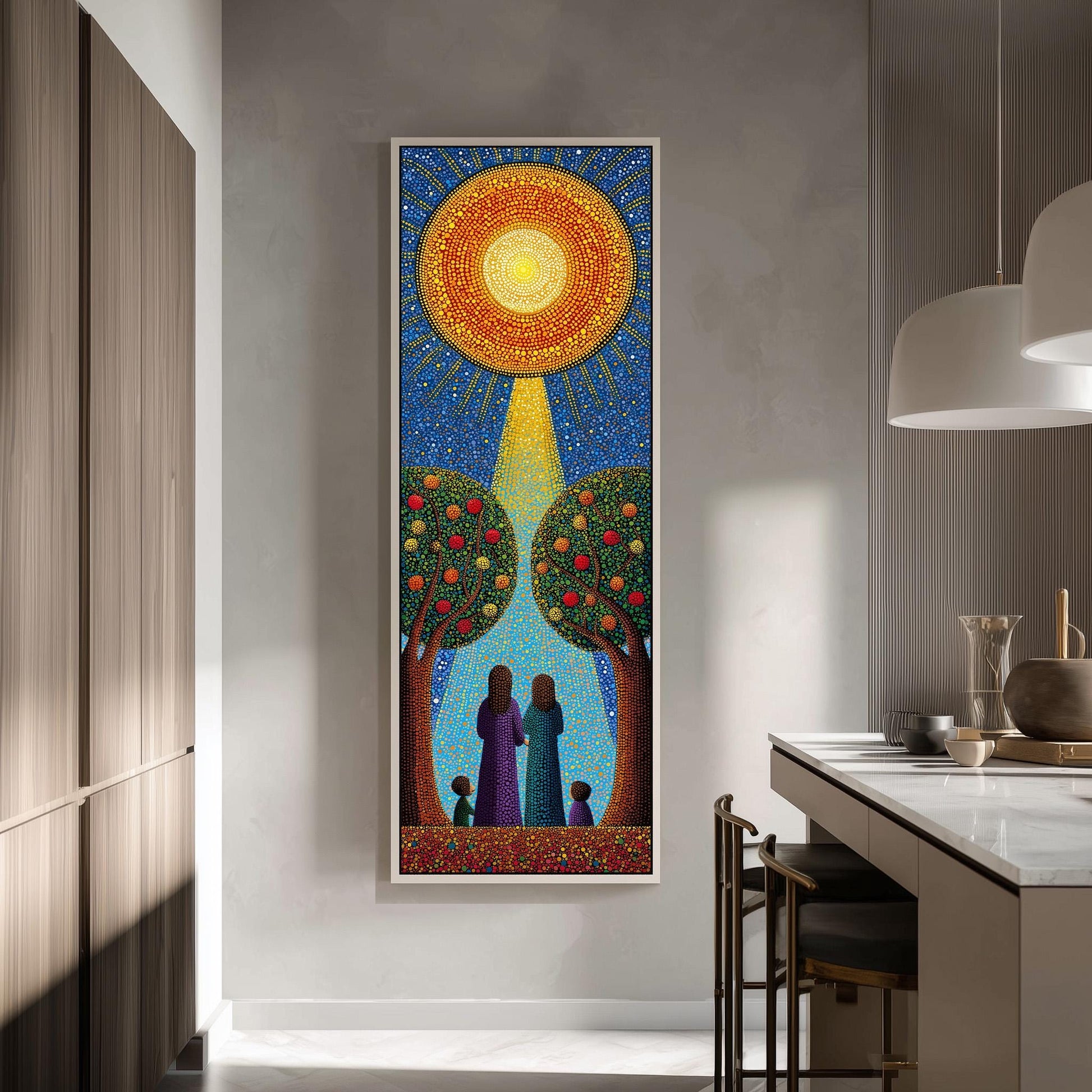 a large, colorful painting hanging on a wall in a modern kitchen.
