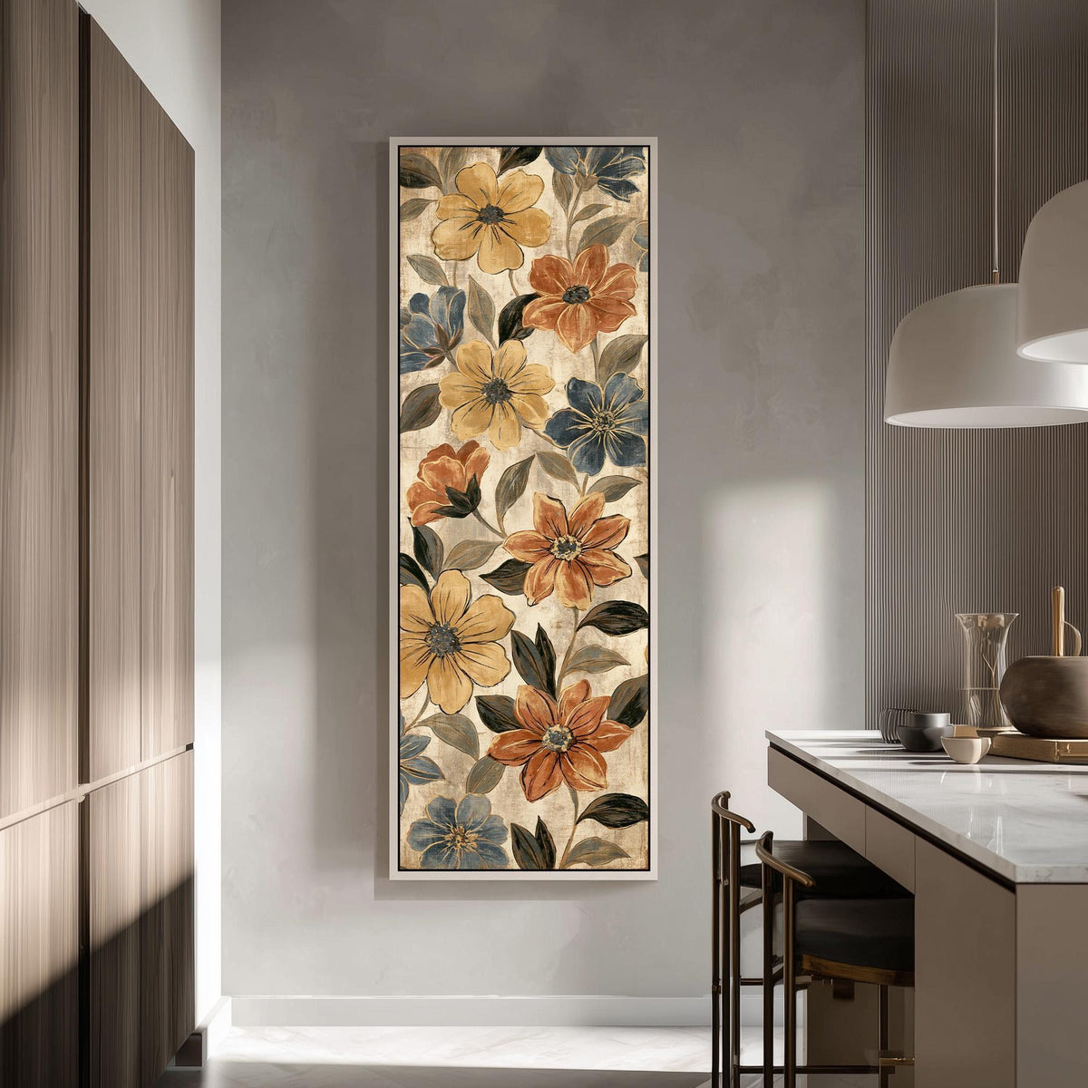 Gold and blue floral pattern tall skinny canvas print in a modern kitchen