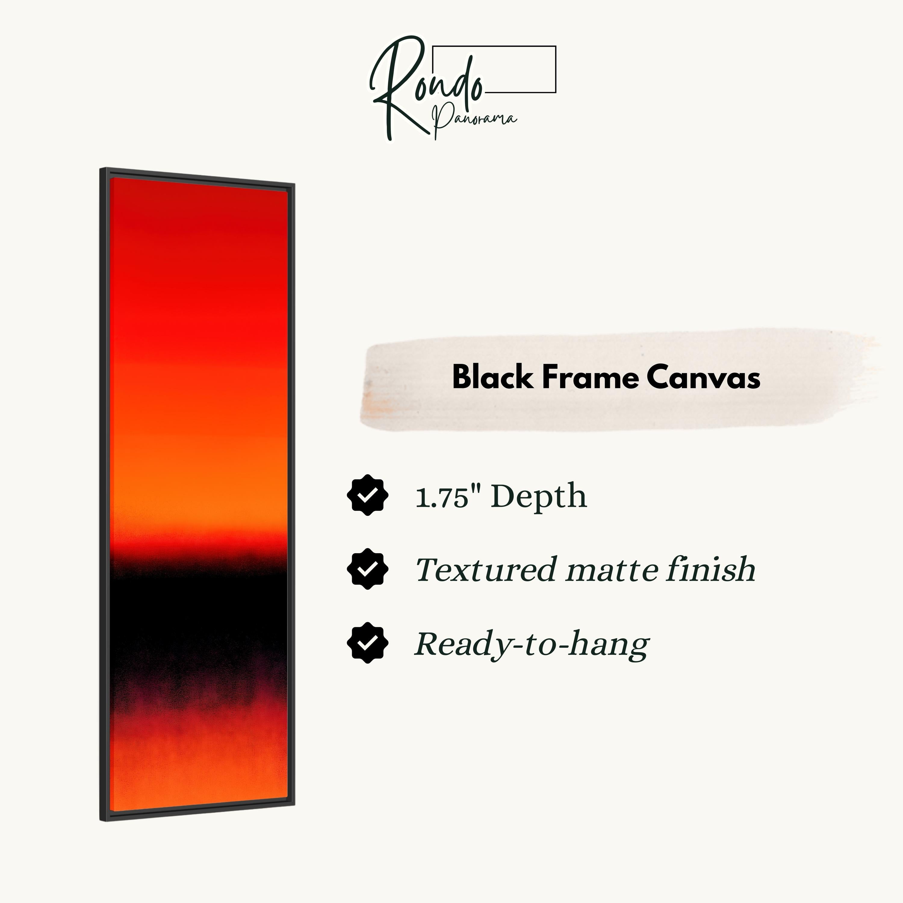 The image is a product description for a black frame canvas. It features a vertical black frame with a gradient of red and black colors. The canvas has a 1.75" depth, a textured matte finish, and is ready to hang.