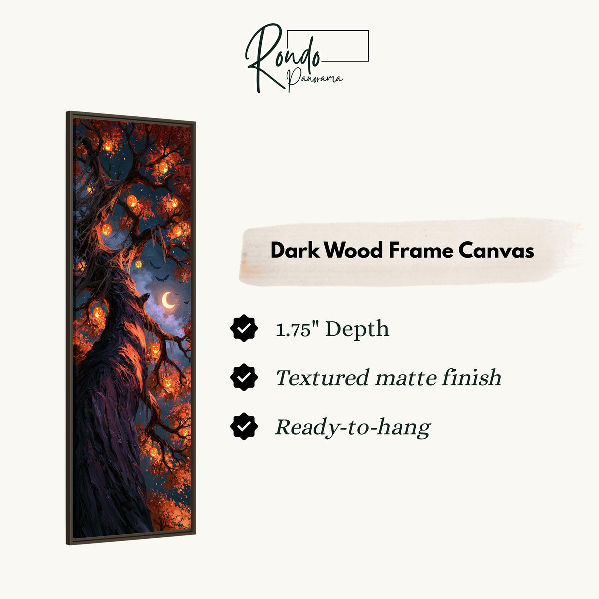 Twisted tree hung with glowing jack-o'-lanterns canvas print in a dark wood floating frame