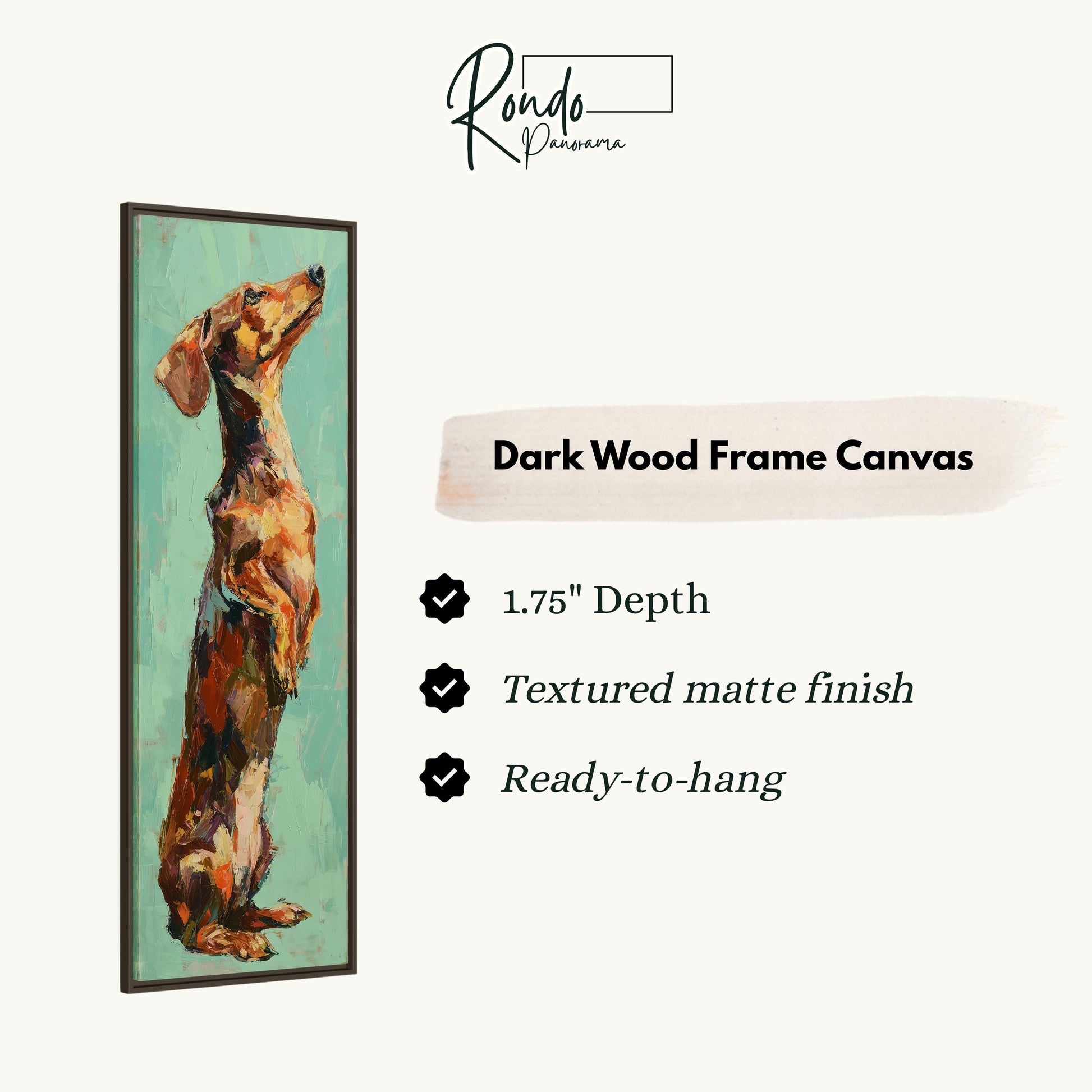 The image is a dark wood frame canvas featuring a painting of a dachshund dog.