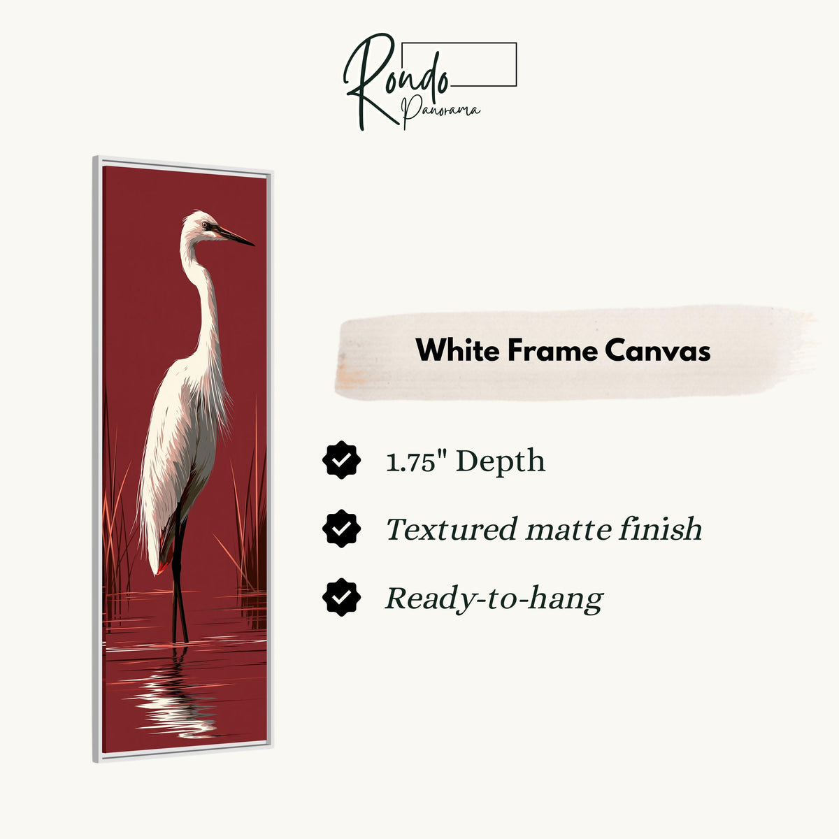 White egret wading on crimson red canvas print in a white floating frame