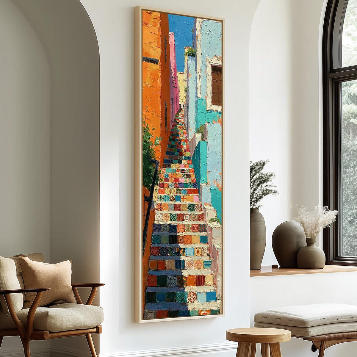 Rainbow tiled staircase in a narrow alley long vertical canvas print in a sunlit living space
