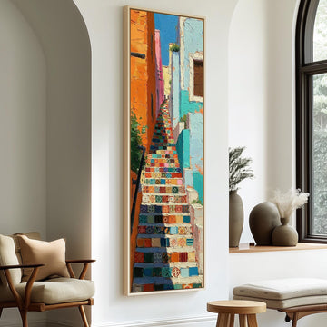 Rainbow tiled staircase in a narrow alley long vertical canvas print in a sunlit living space