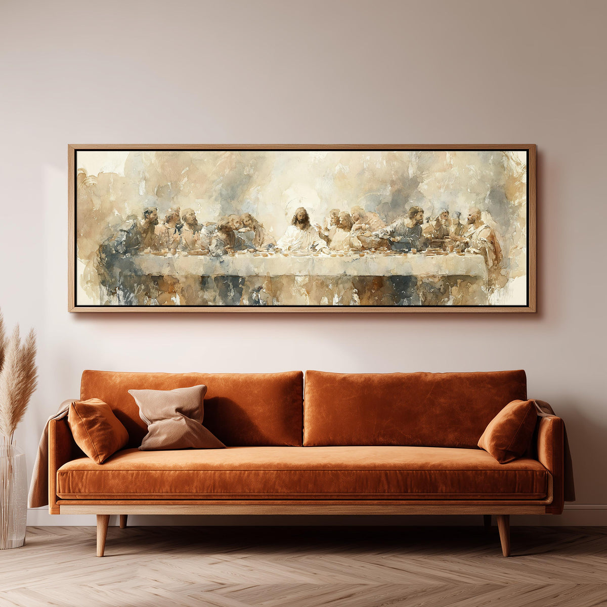 The Last Supper in soft gold tones panoramic canvas print above a sofa in a living room