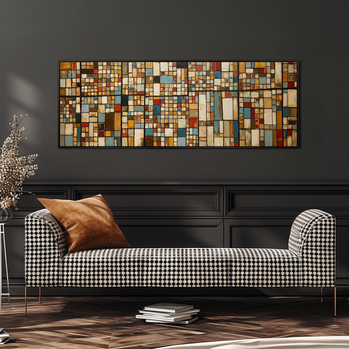 Earth tone mosaic grid in blue and ochre wide panoramic canvas print above a bench in a dark living room